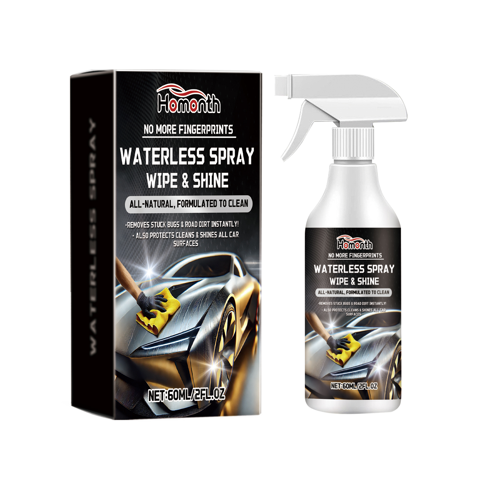 Car cleaner bottle and box with waterless format claims