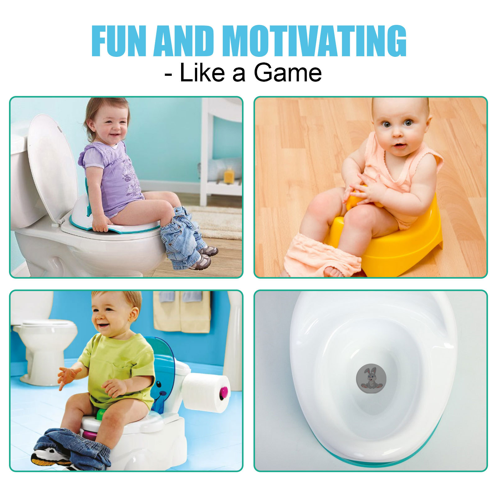 Four different toddlers happily using potty seats, stickers in sight, each with a genuine smile