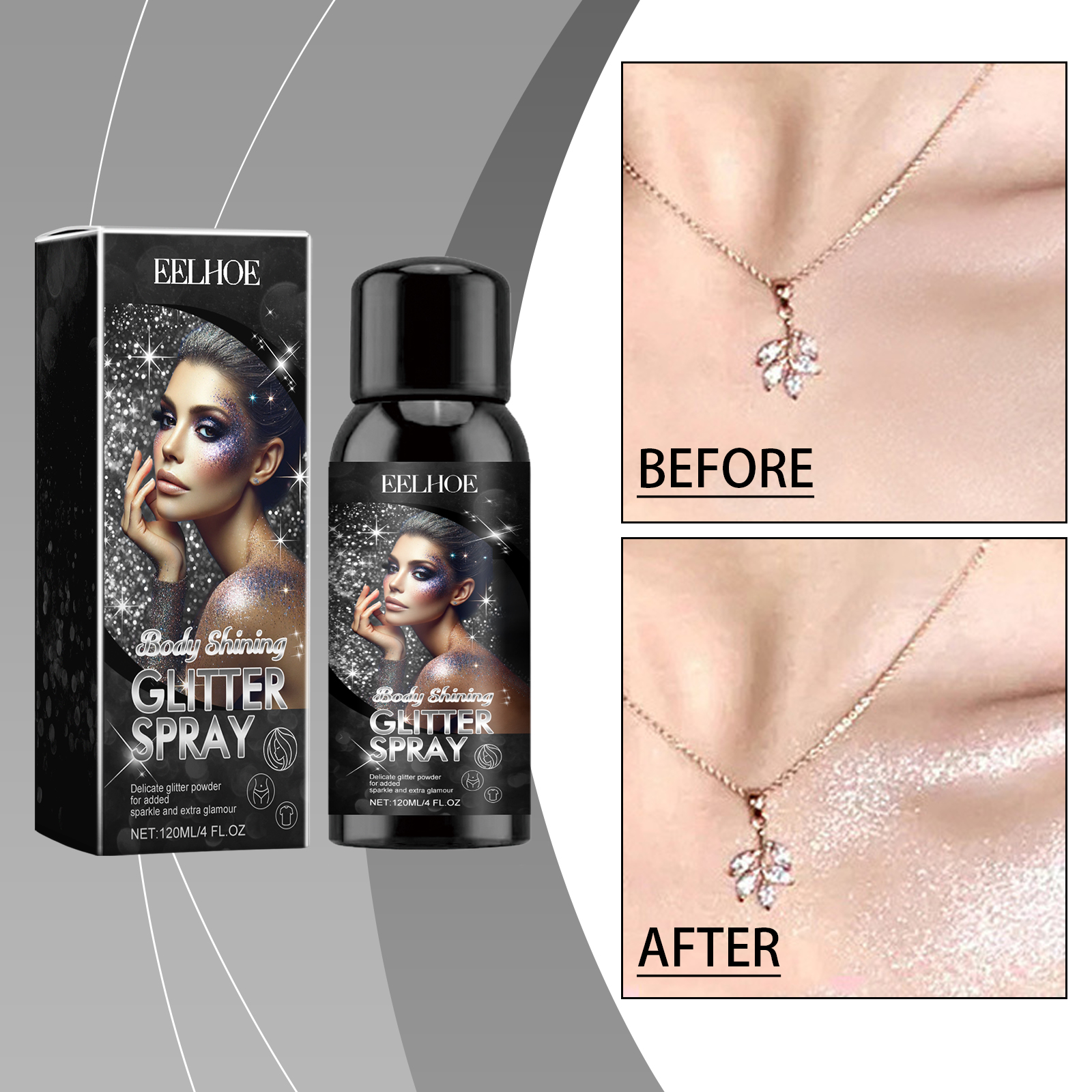Reflective glitter finish applied to skin near necklace