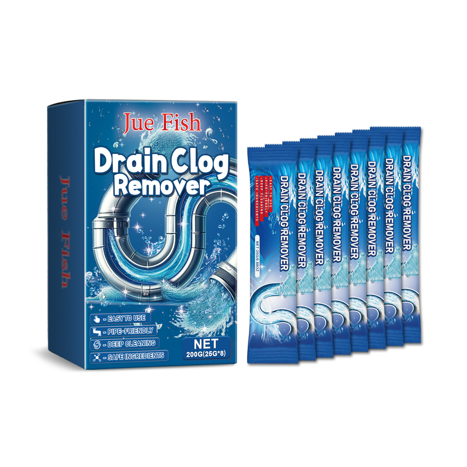 Sealed sachets arranged beside blue retail carton