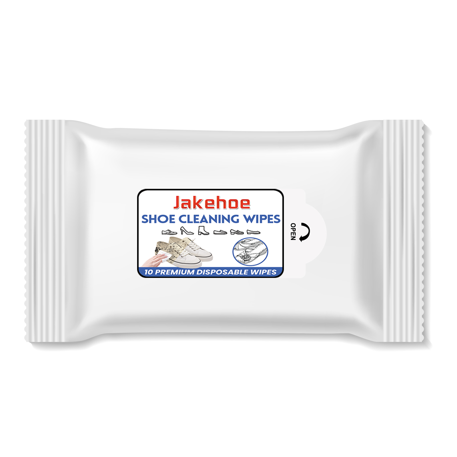 Jakehoe Shoe Cleaning Wipes sachet next to canvas shoes and casual sneakers