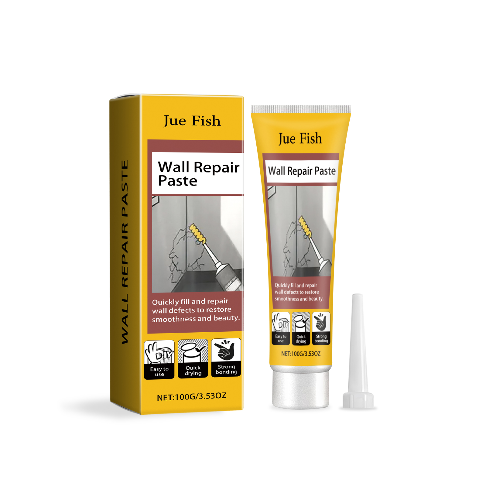 Wall repair paste packaging with repair claims