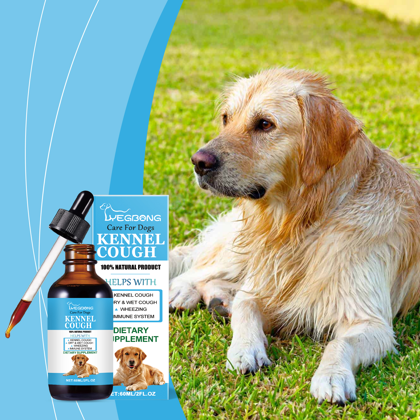 Dog resting outdoors beside liquid supplement