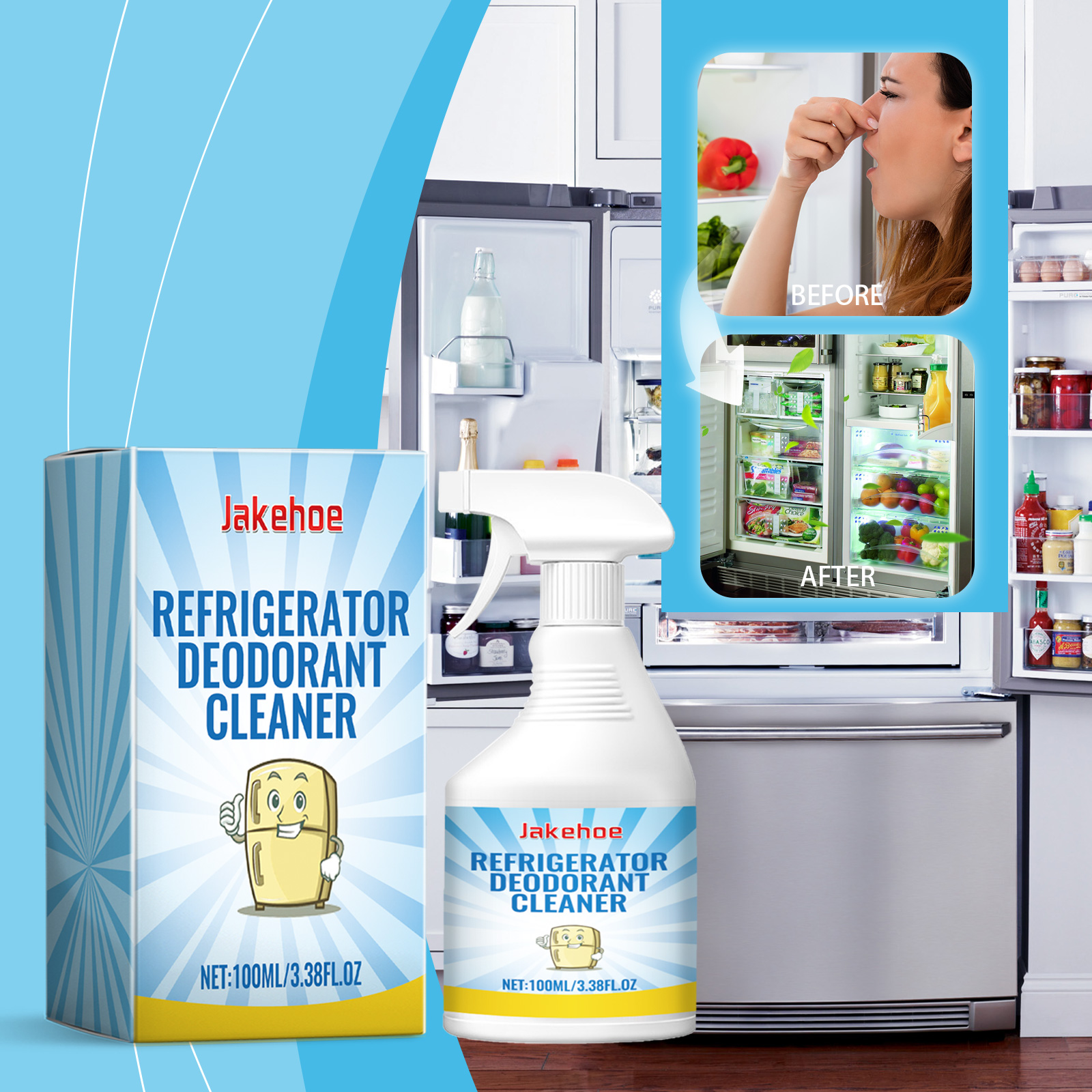 Refrigerator cleaner bottle shown in a bright kitchen setting