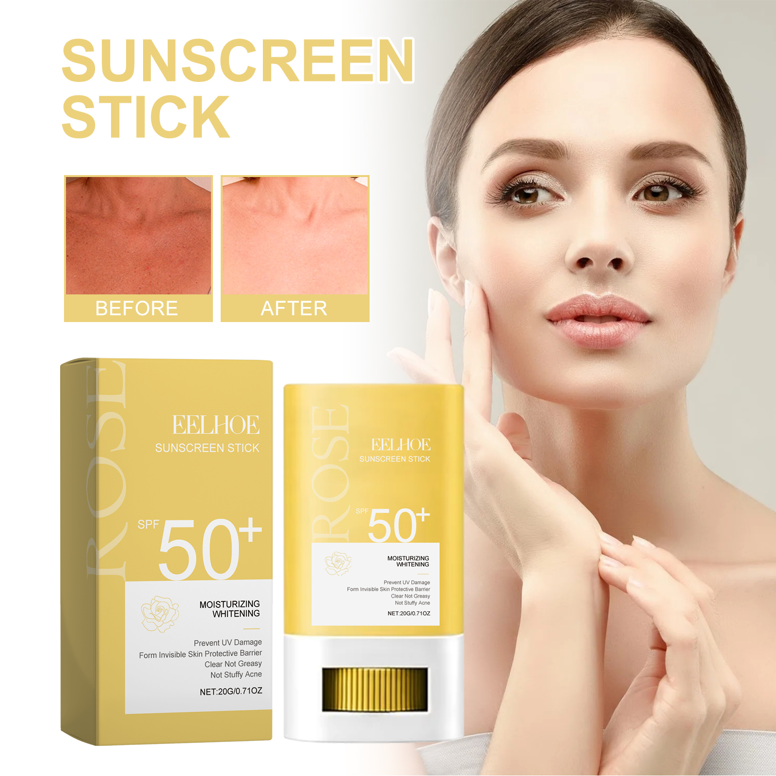 Sunscreen stick beside brightening skin finish imagery
