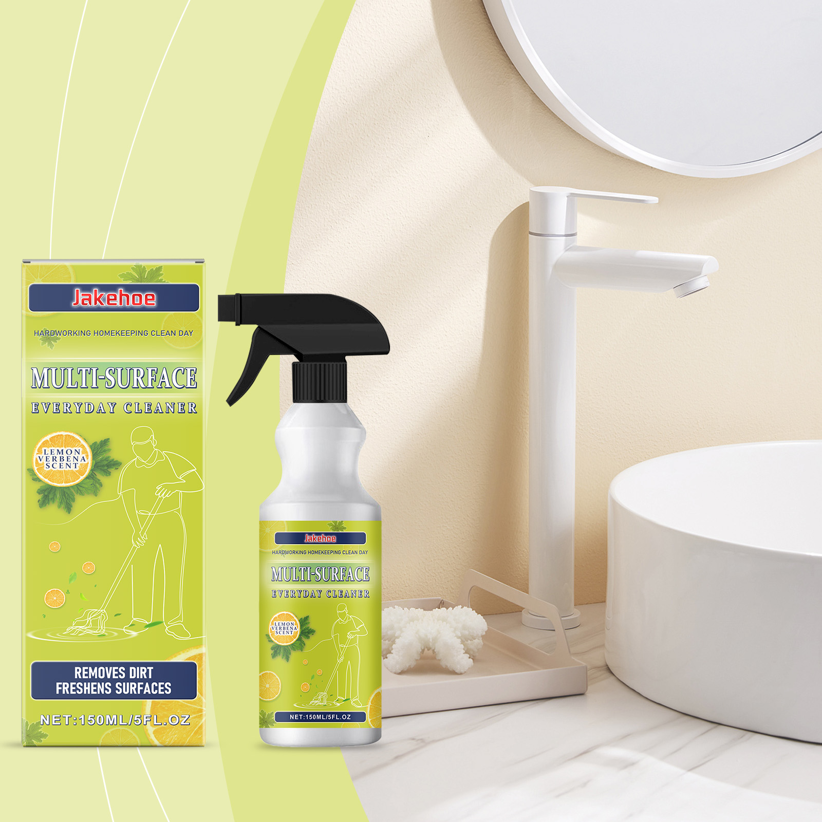 Lemon verbena cleaner in a tidy bathroom setting