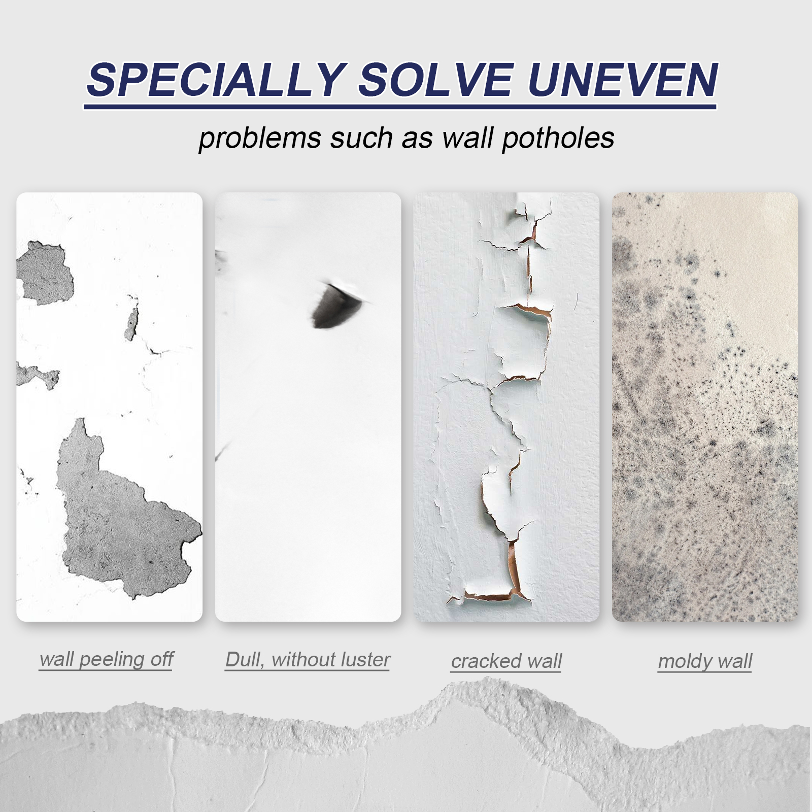 Graphic showing cracks peeling and uneven white wall surfaces