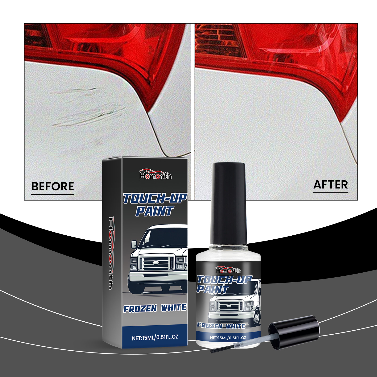 Before and after white car scratch touch-up comparison