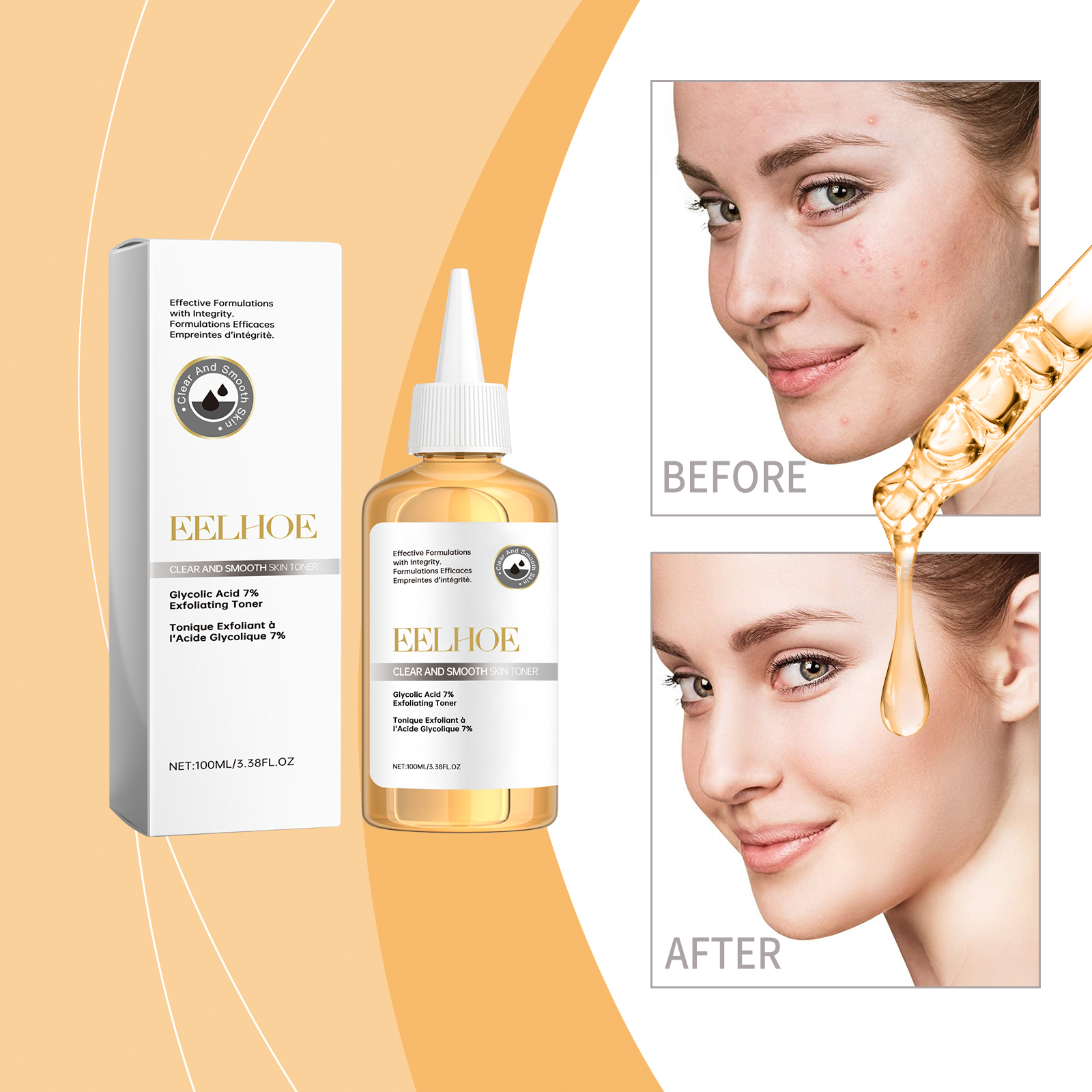 Glycolic toner beside smoother-looking complexion imagery