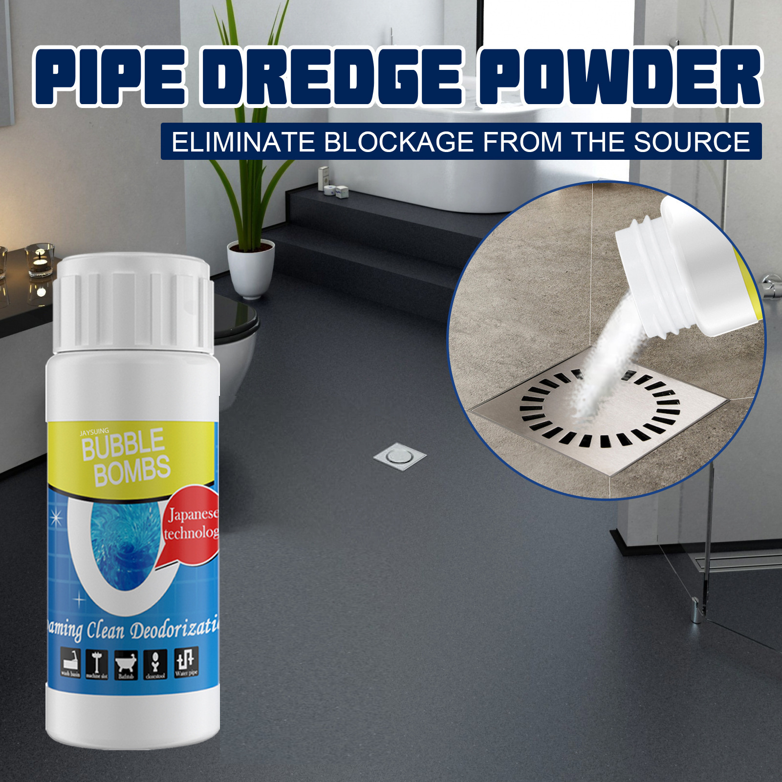 Bottle pouring powder into bathroom floor drain