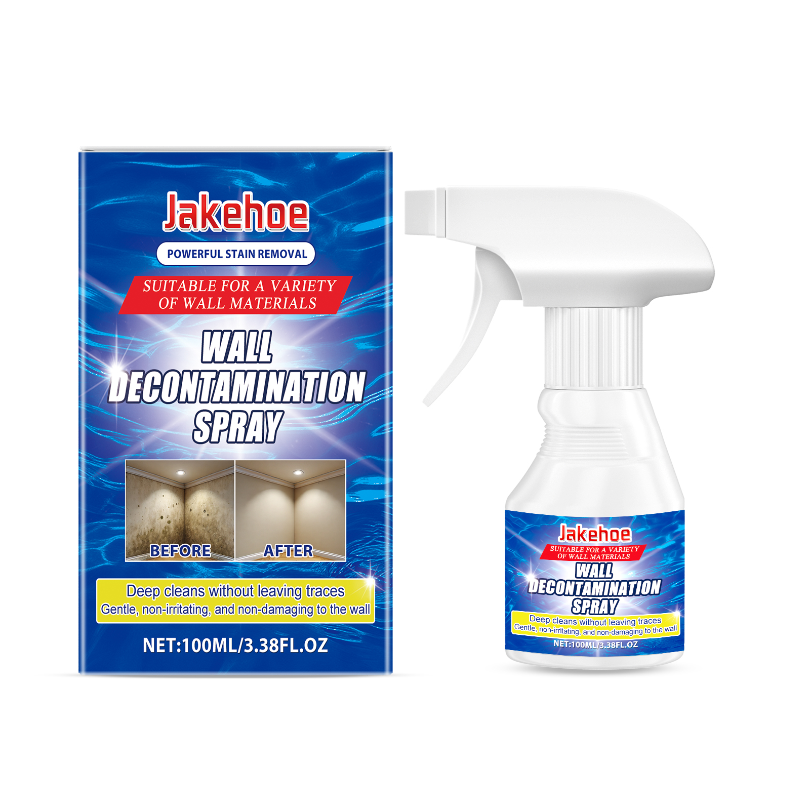 Wall cleaner packaging with before-and-after wall imagery