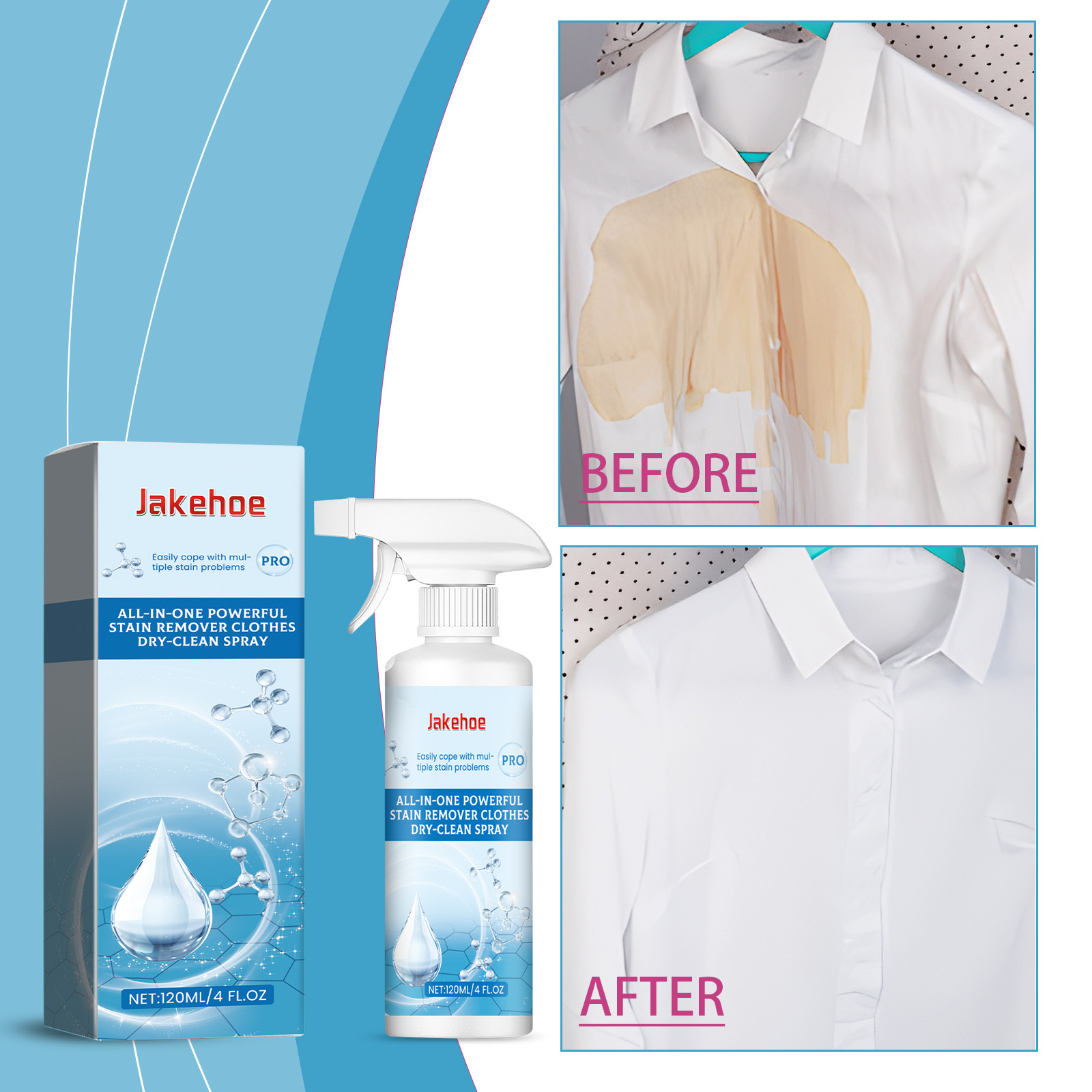 Before-and-after clothing stain comparison with spray bottle