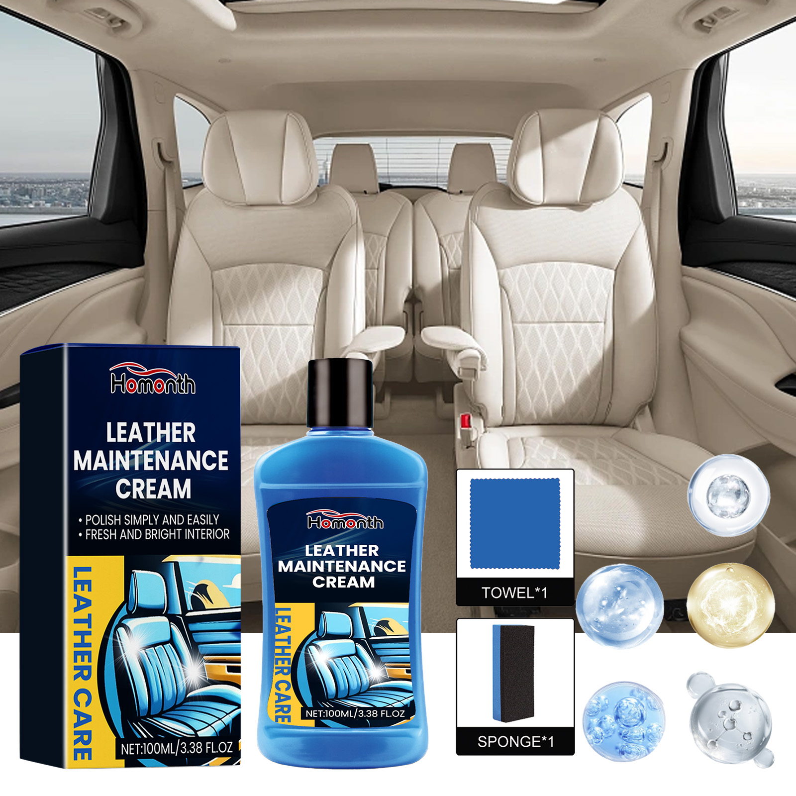 Leather cream set styled beside car leather seat