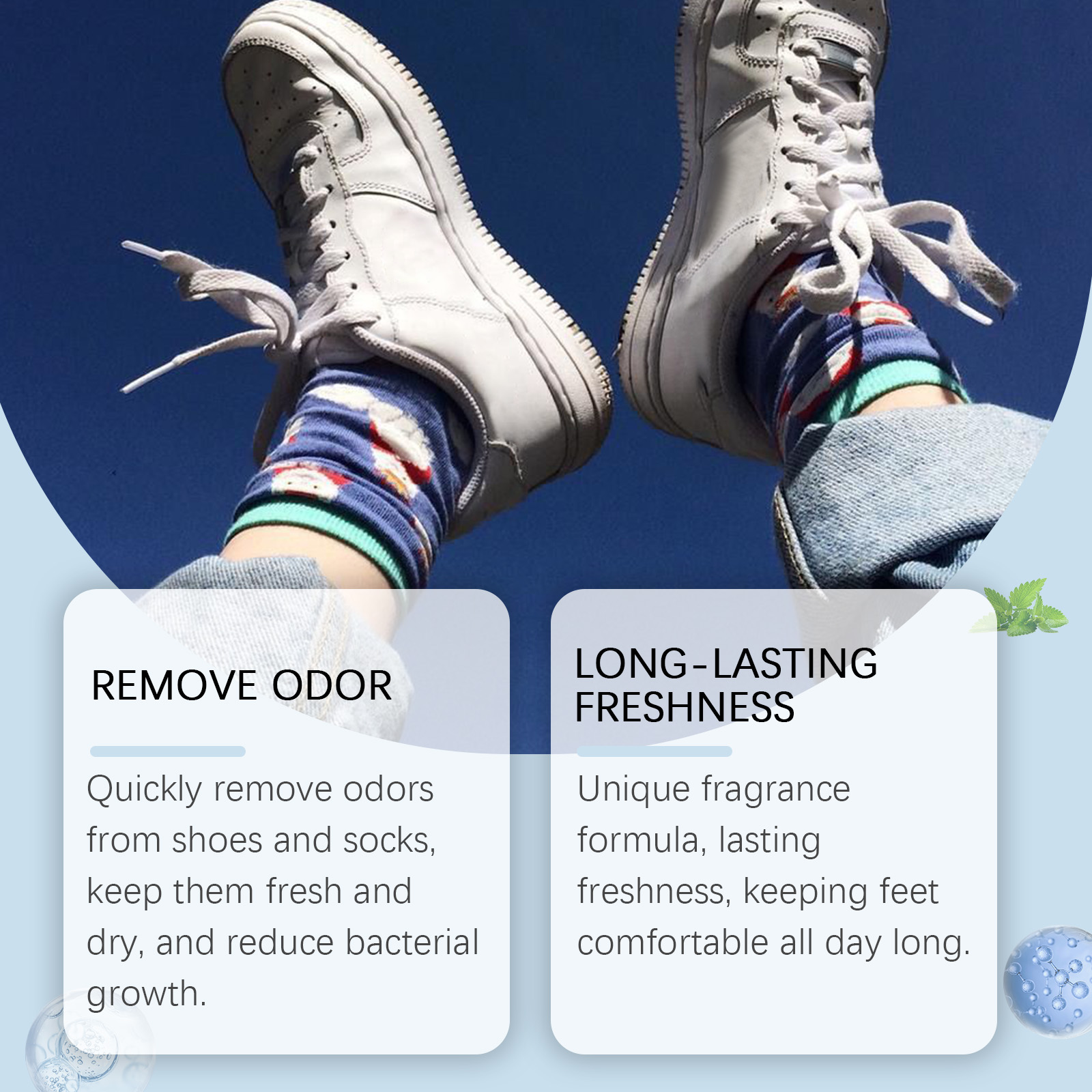 Sneakers and socks beside footwear deodorant spray