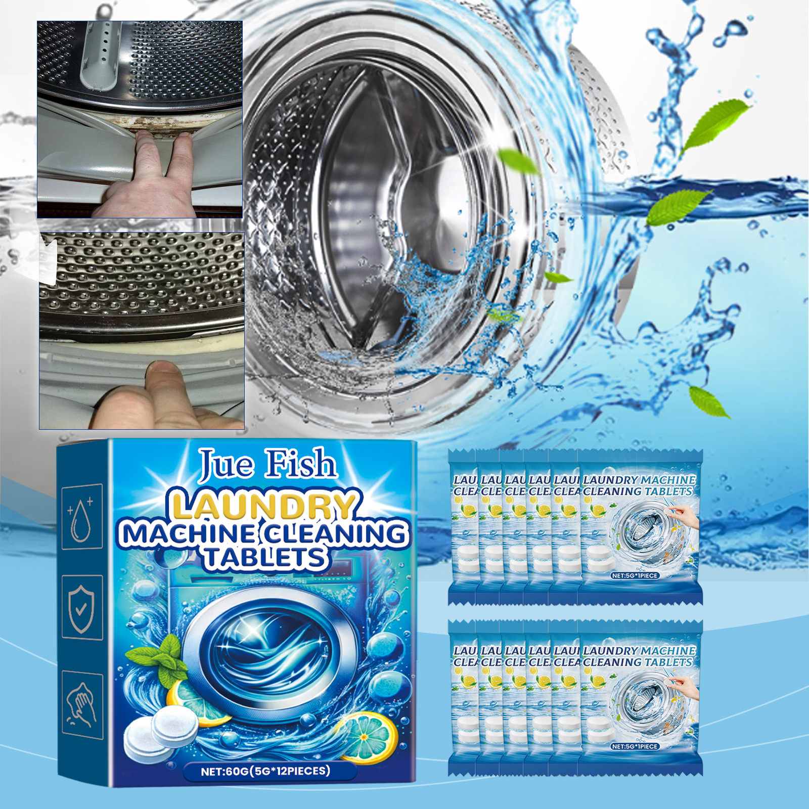 Refreshed stainless washing machine drum with splashing water