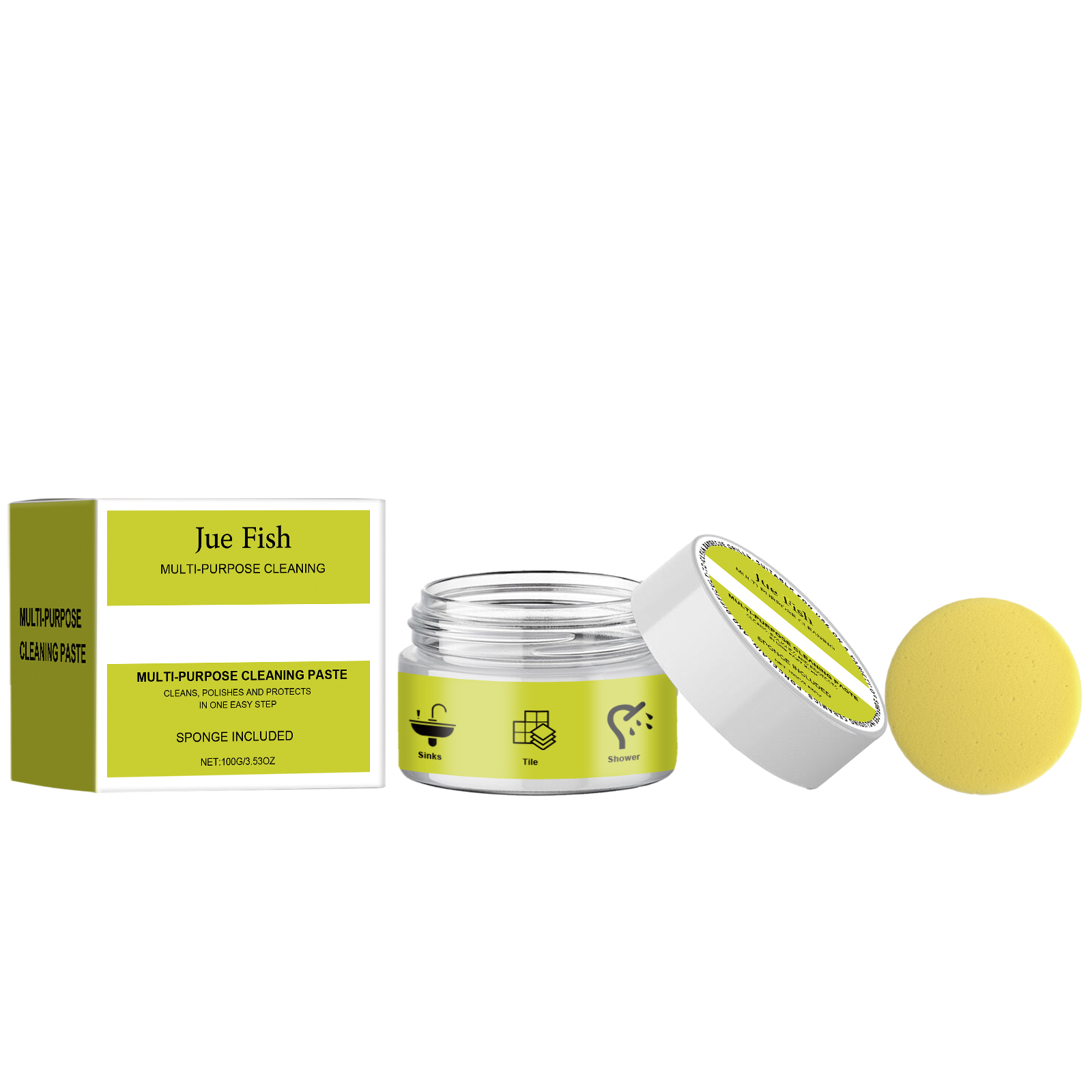 Open lime-yellow paste jar with white screw lid