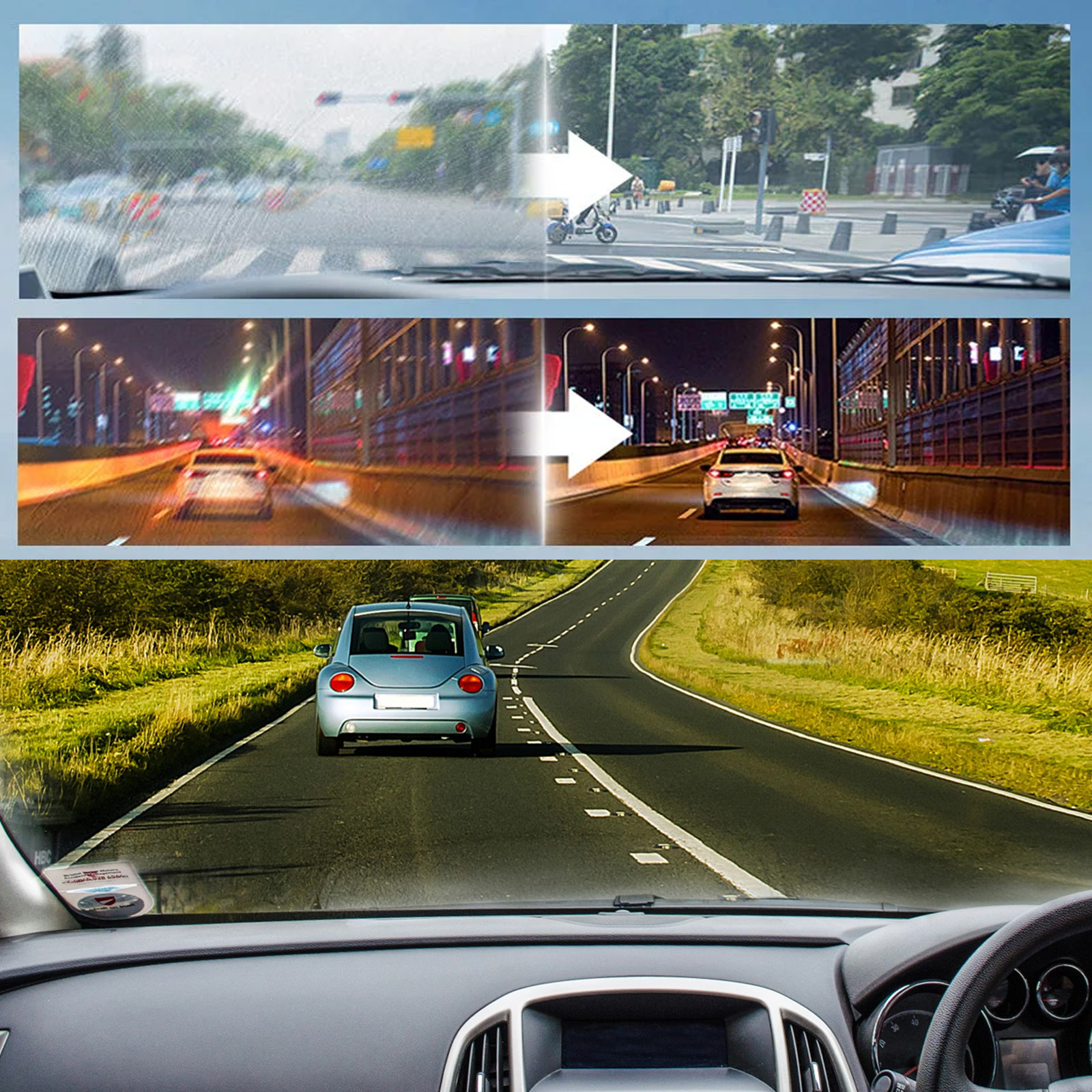 Windshield visibility comparison after removing haze