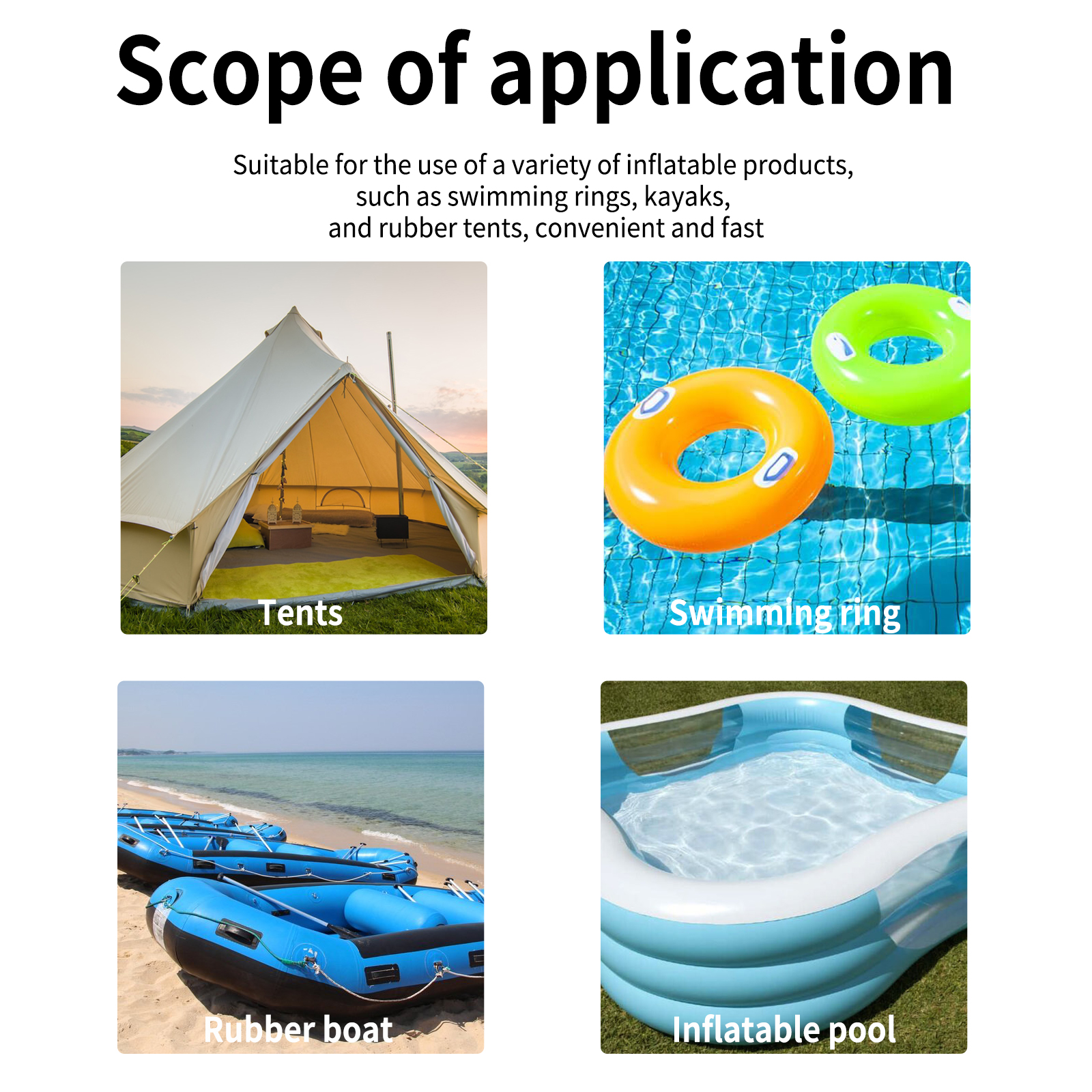 Repair patches shown with inflatable pool and tent uses