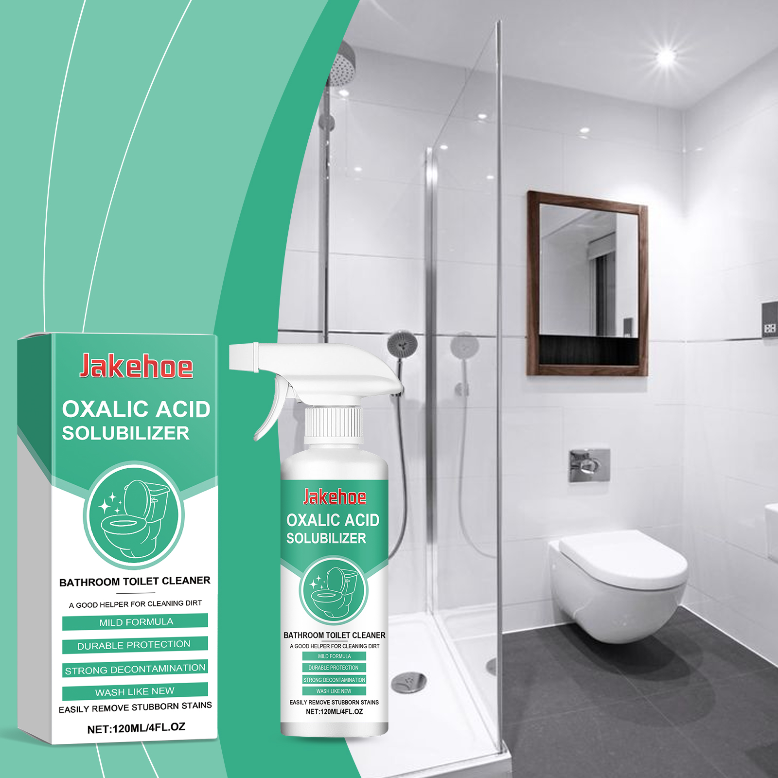 Trigger spray cleaner placed in a bright bathroom