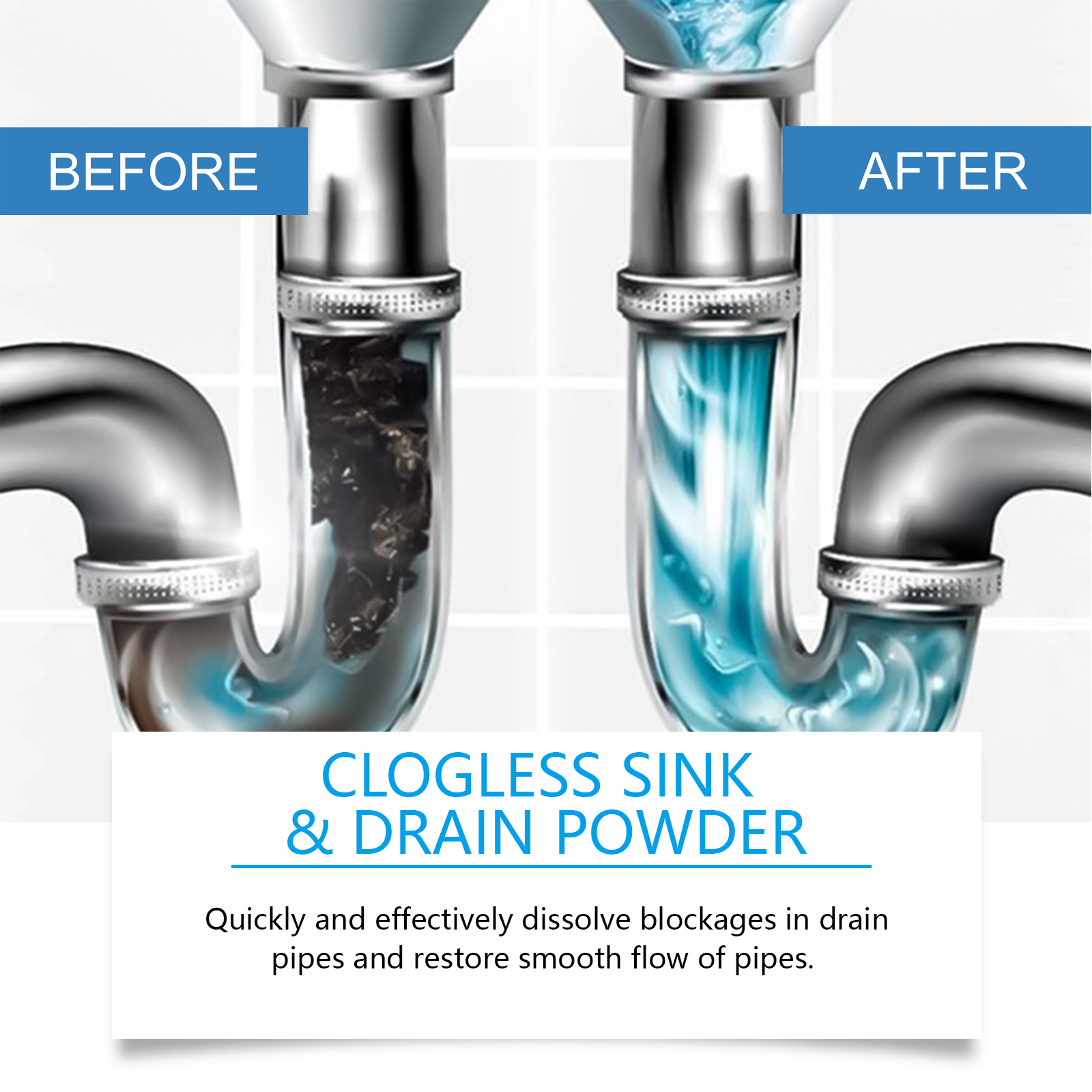Clear sink trap comparison showing restored blue pipe flow