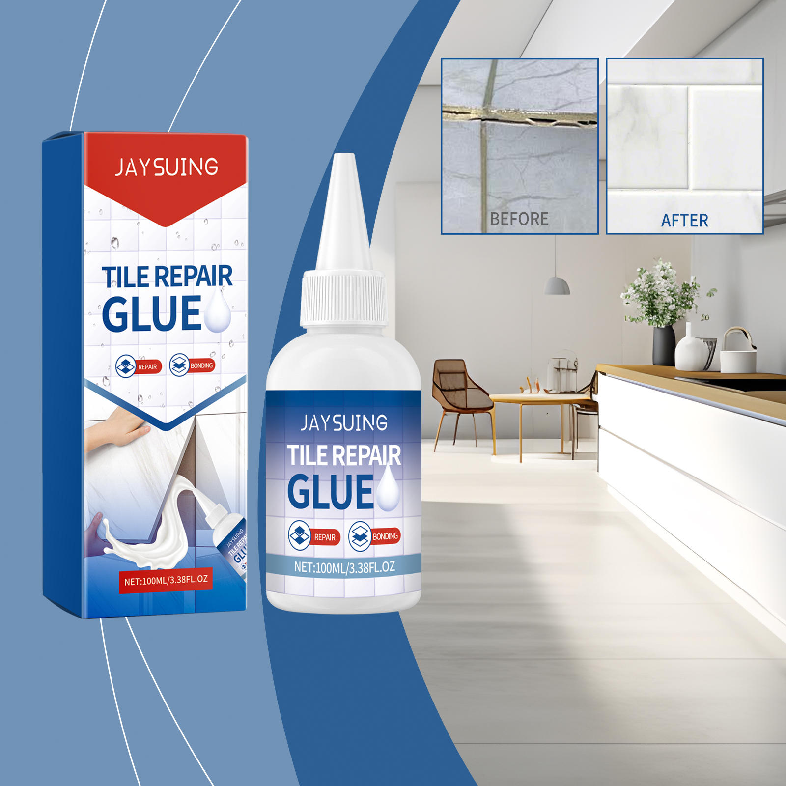Damaged indoor tile shown beside repair glue carton