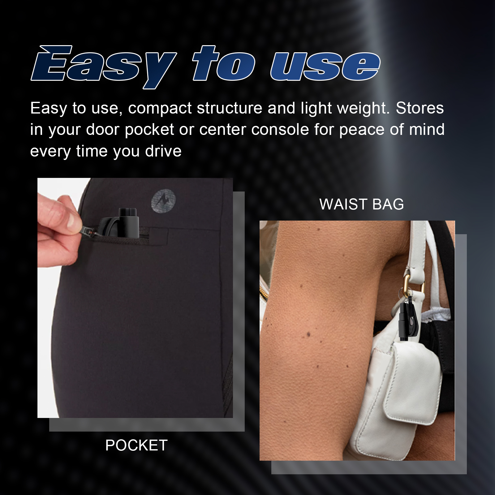Compact emergency hammer attached to waist bag
