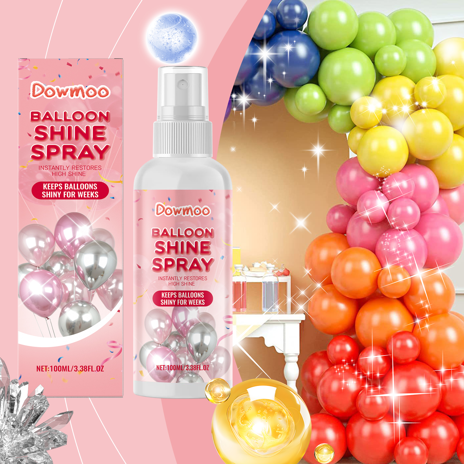 Compact spray bottle beside colorful party balloons