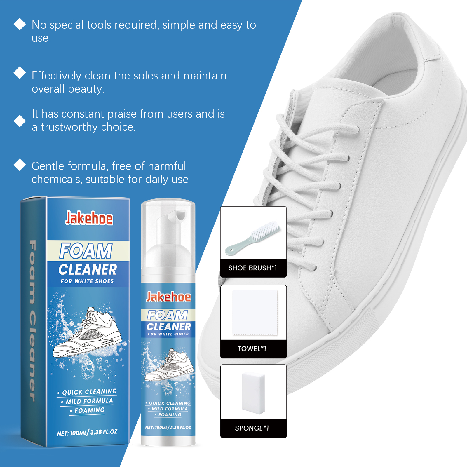 Shoe cleaning tools arranged beside clean sneaker