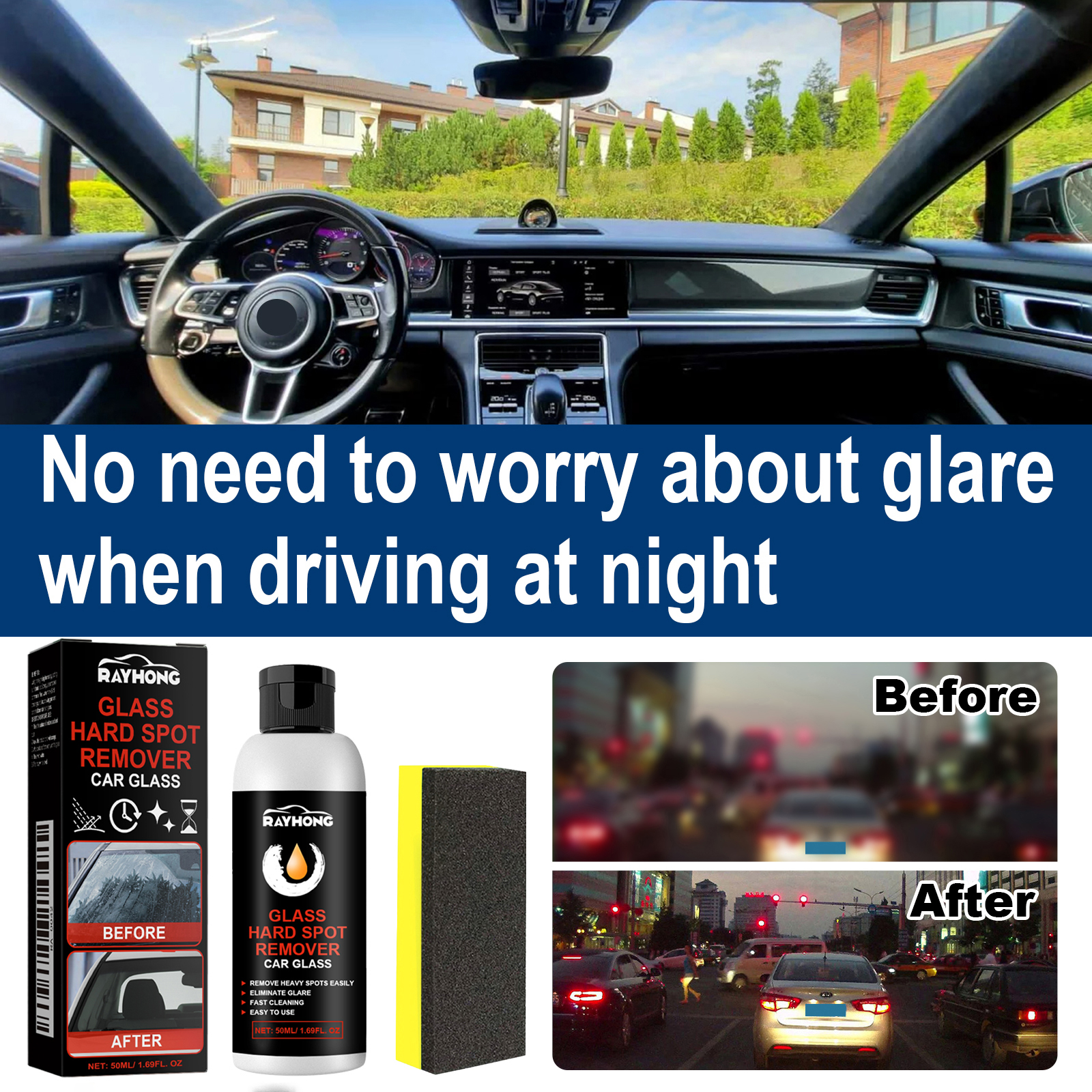Before and after windshield clarity during night driving