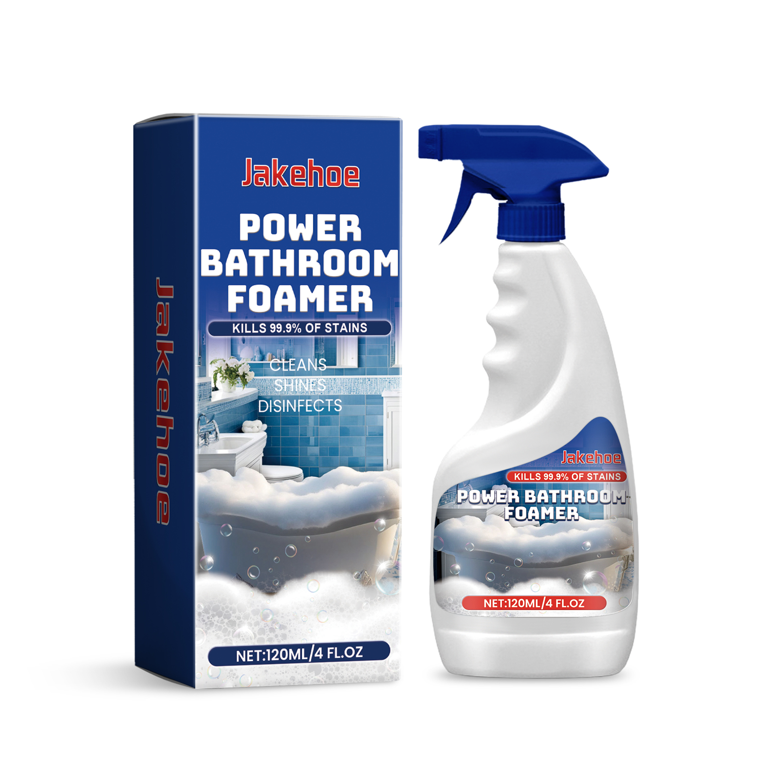 Foam cleaner bottle with coordinated blue carton