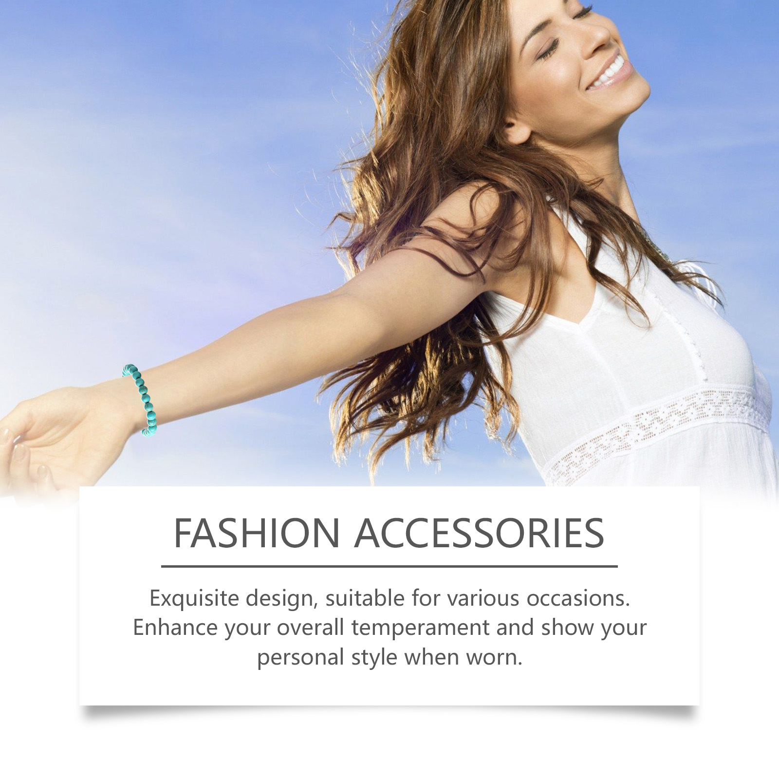 Turquoise bracelet worn with a simple white outfit