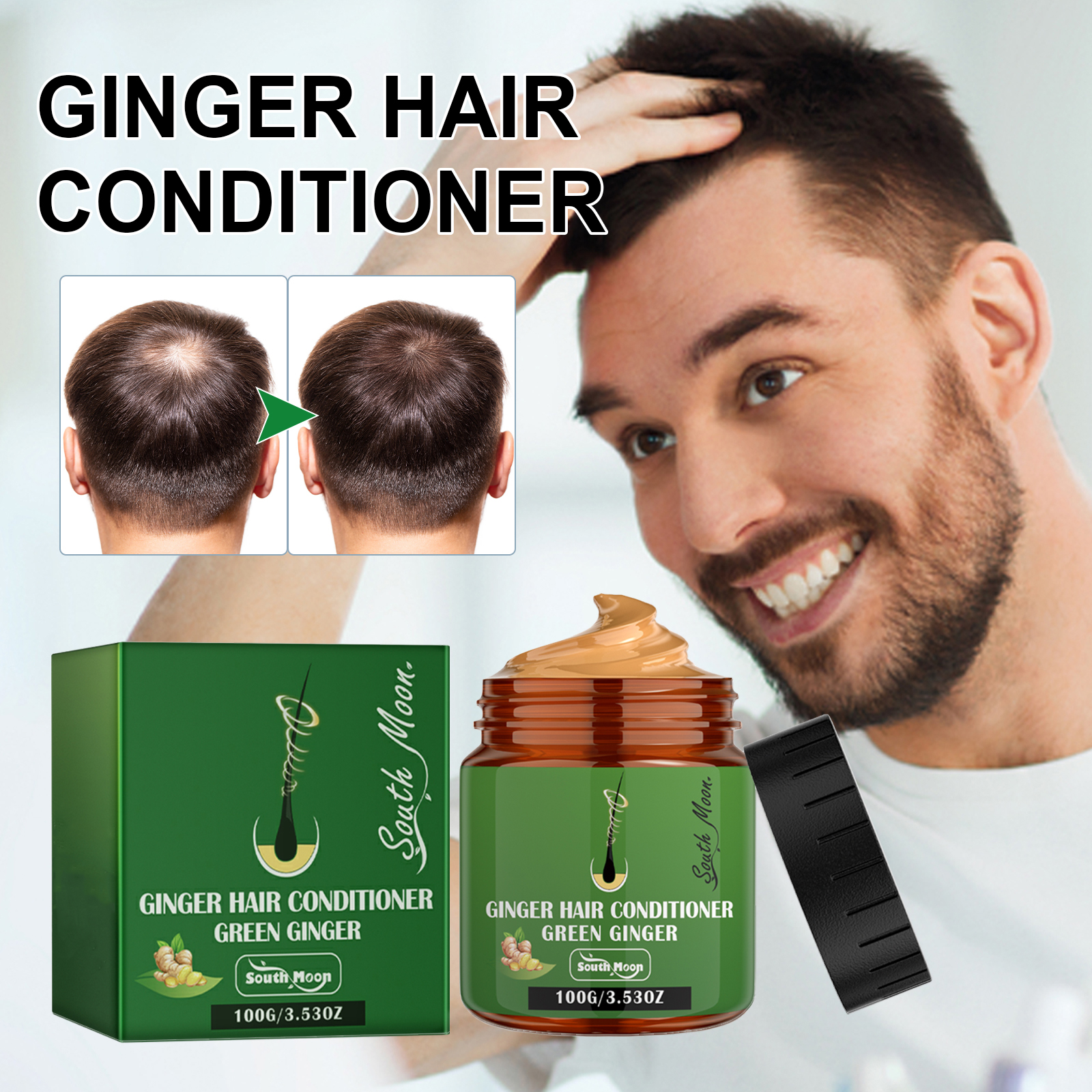 Ginger conditioner presentation with hair coverage graphic