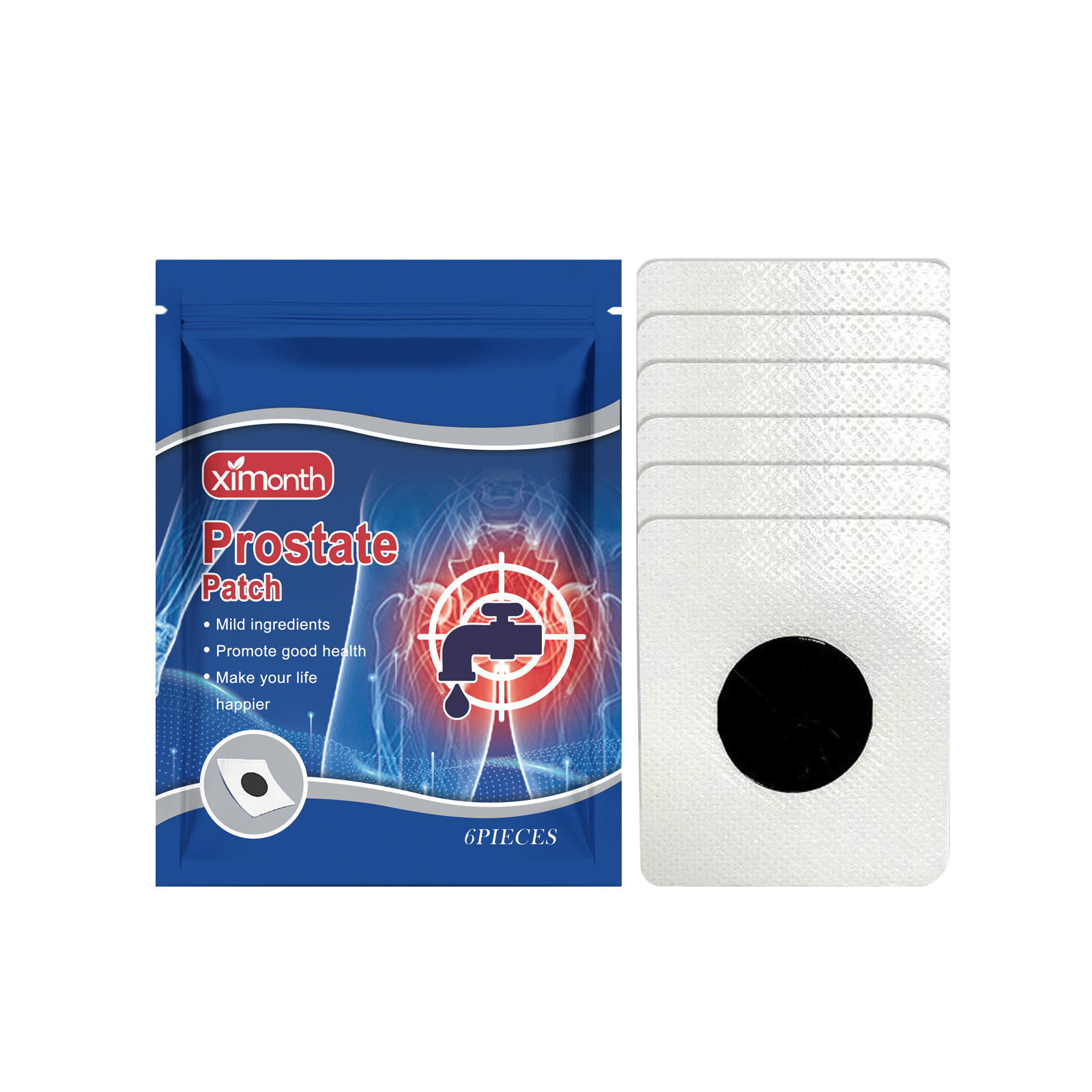 Front view of compact blue pouch and white patches