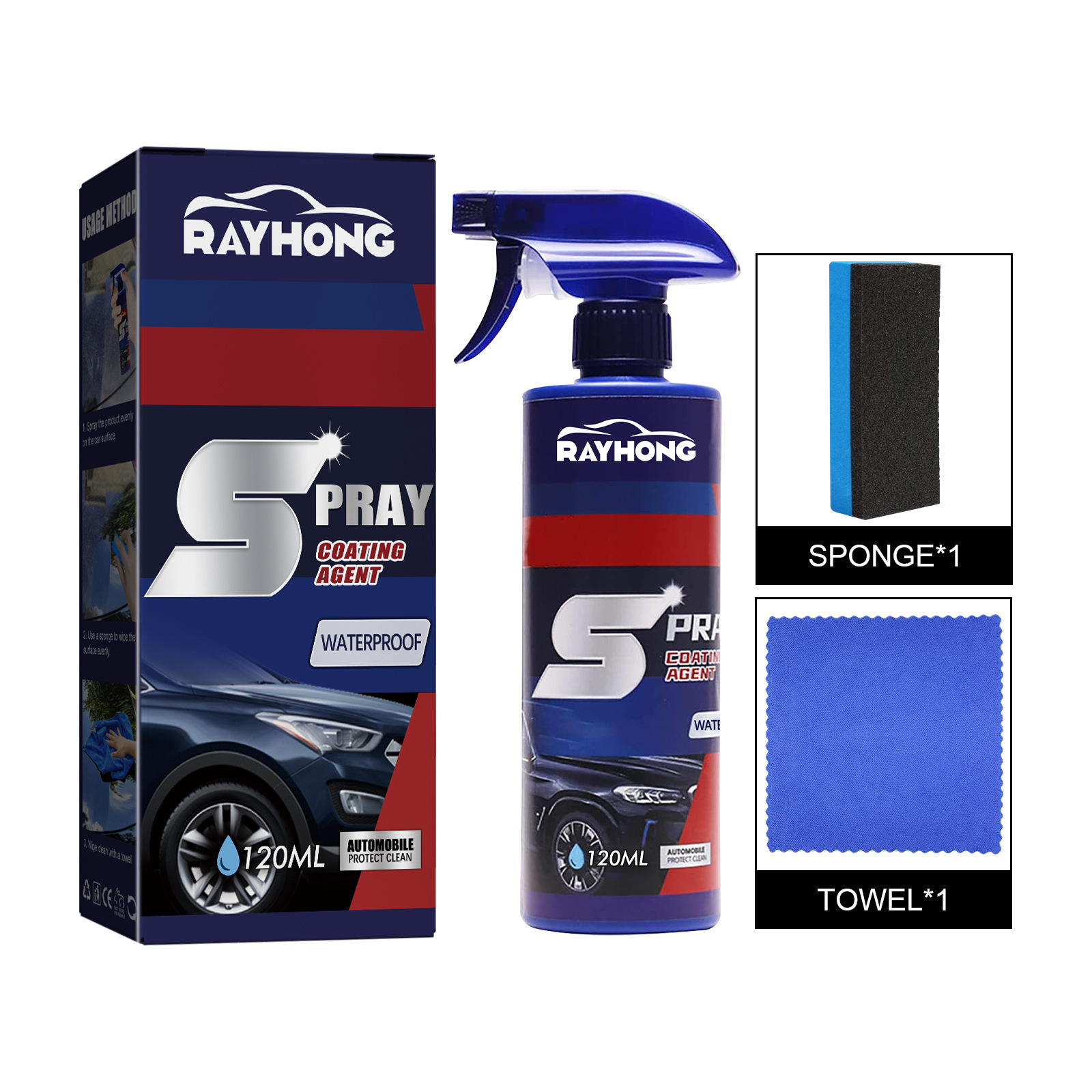 Car coating spray kit with sponge towel and trigger bottle