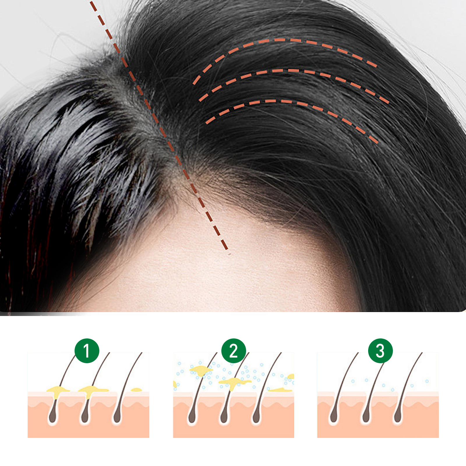 Root refresh spray action diagram for hair volume