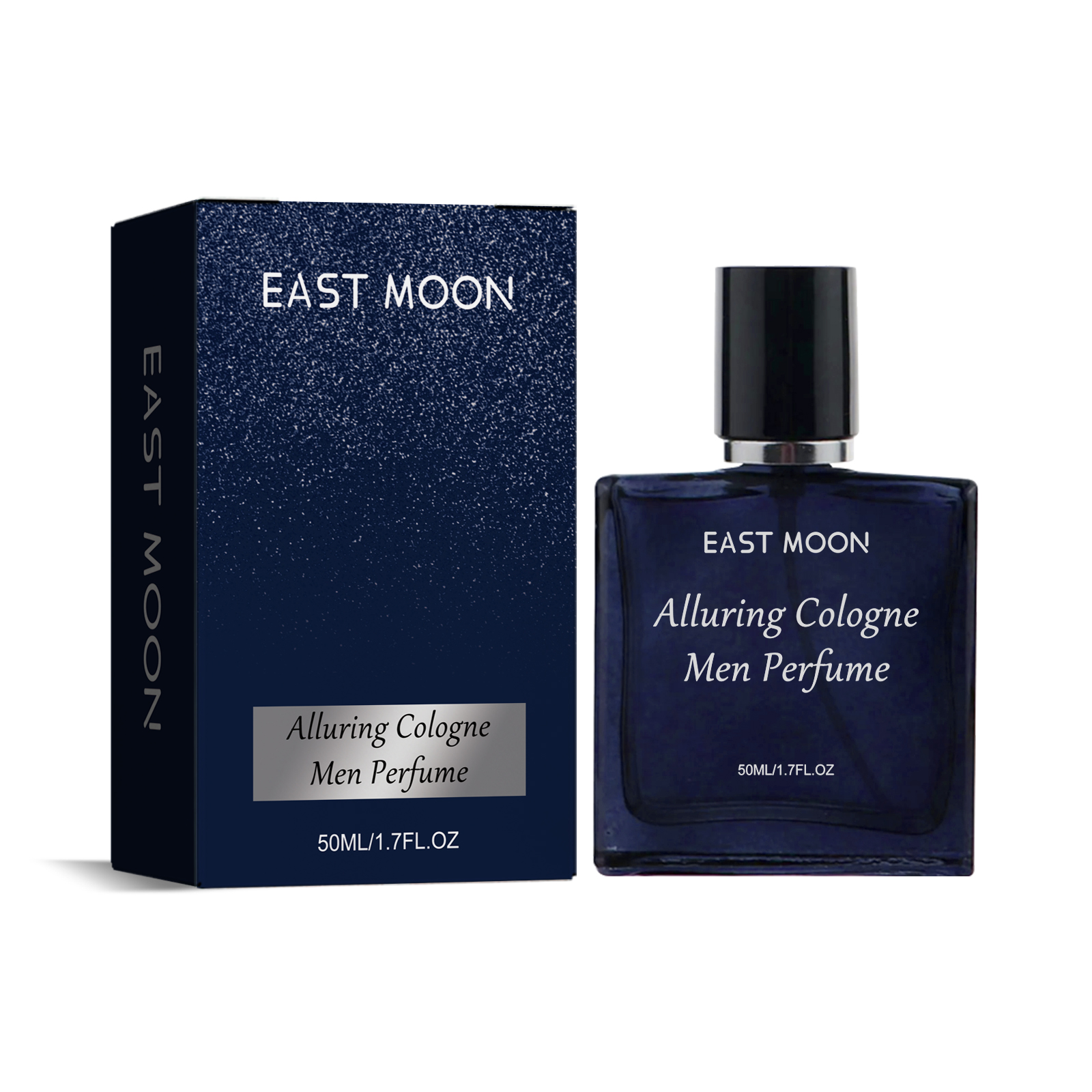 Navy glass perfume bottle with silver label and black cap