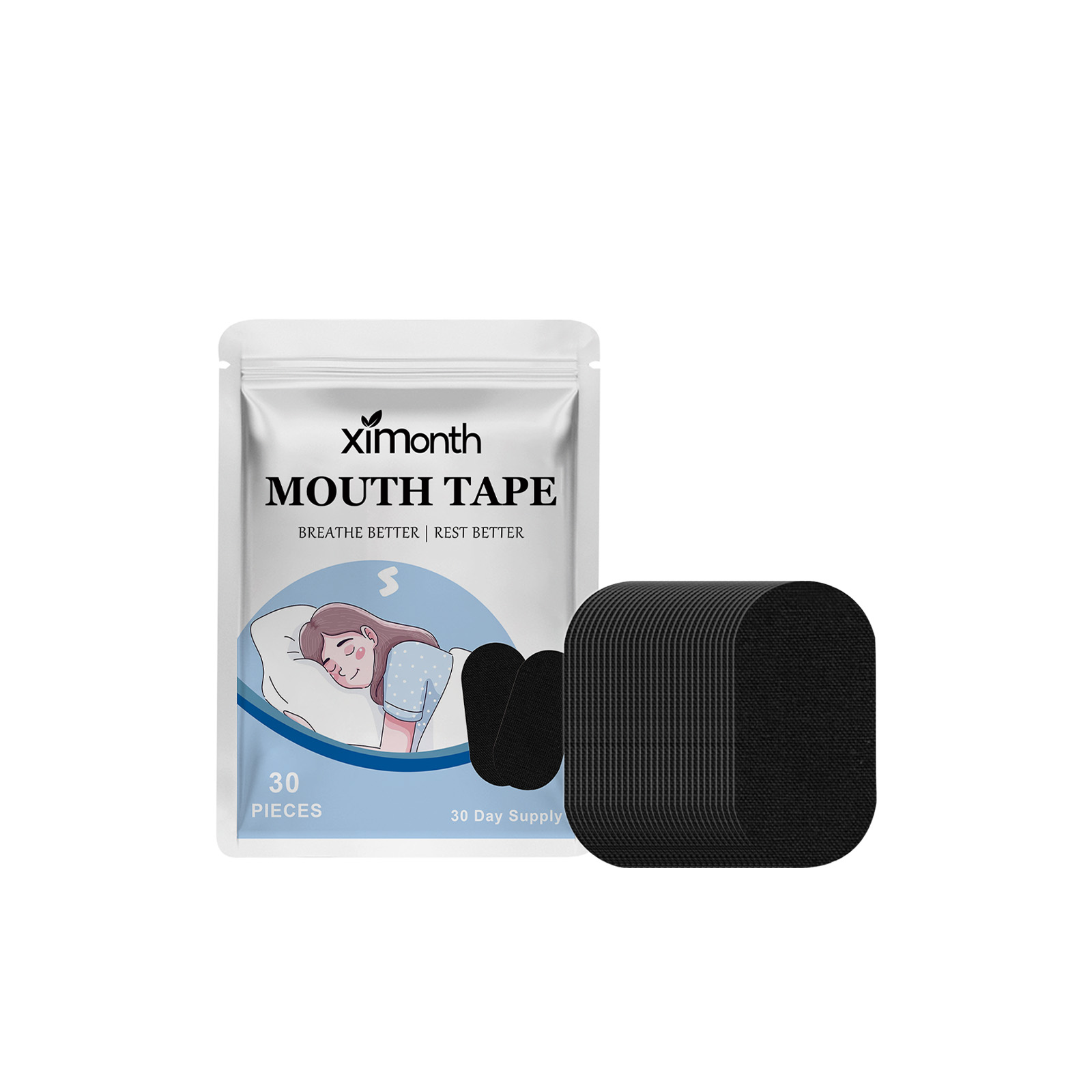 Ximonth Mouth Tape 30-piece pack with black fabric patches displayed against white background