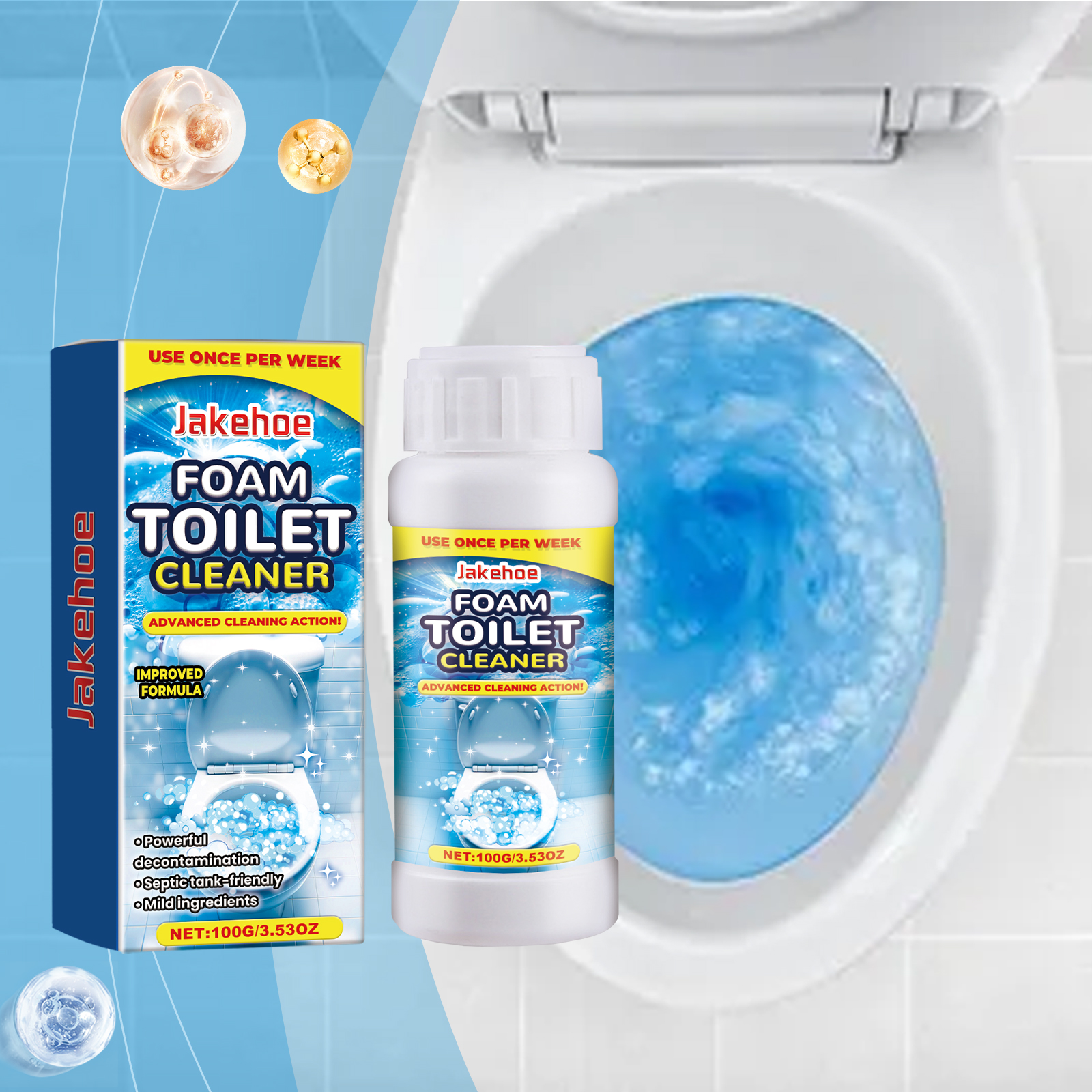 Blue foam spreading around the toilet bowl