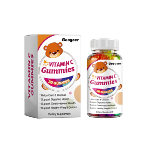 Bottle of Vitamin C Gummies with Gouggen branding, vibrant orange and purple packaging