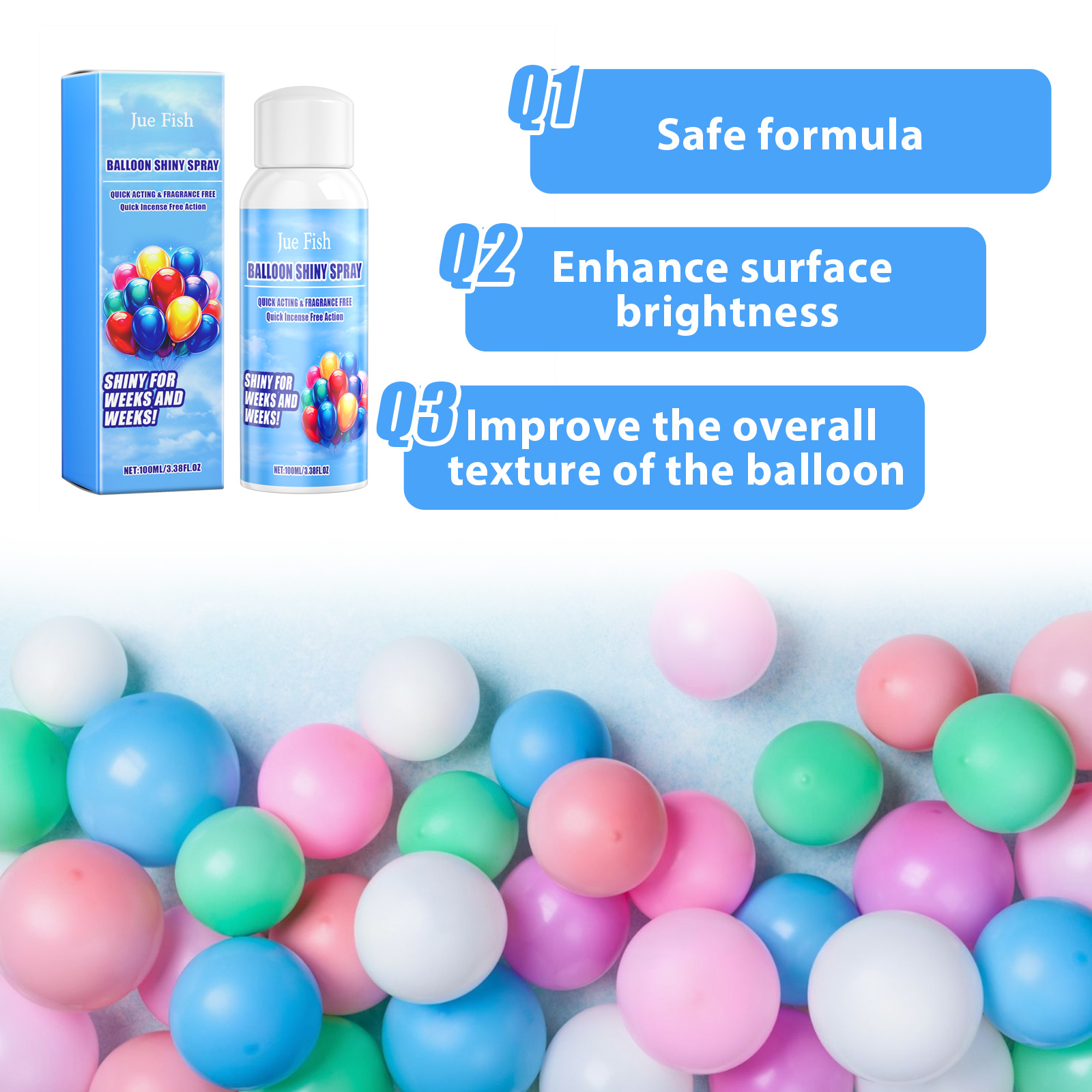 Balloon shine spray bottle label and white cap detail