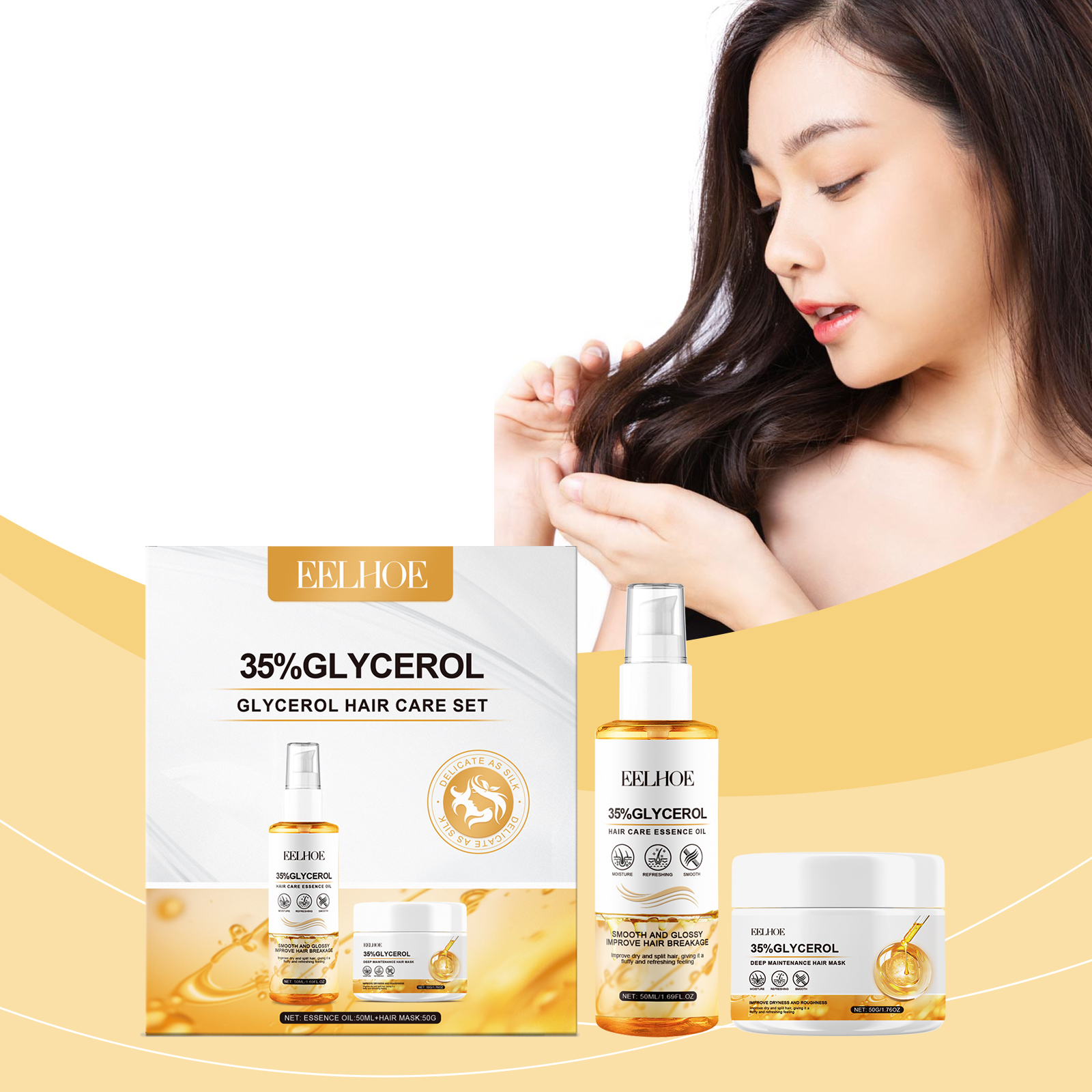 Woman with smooth hair beside oil and mask set