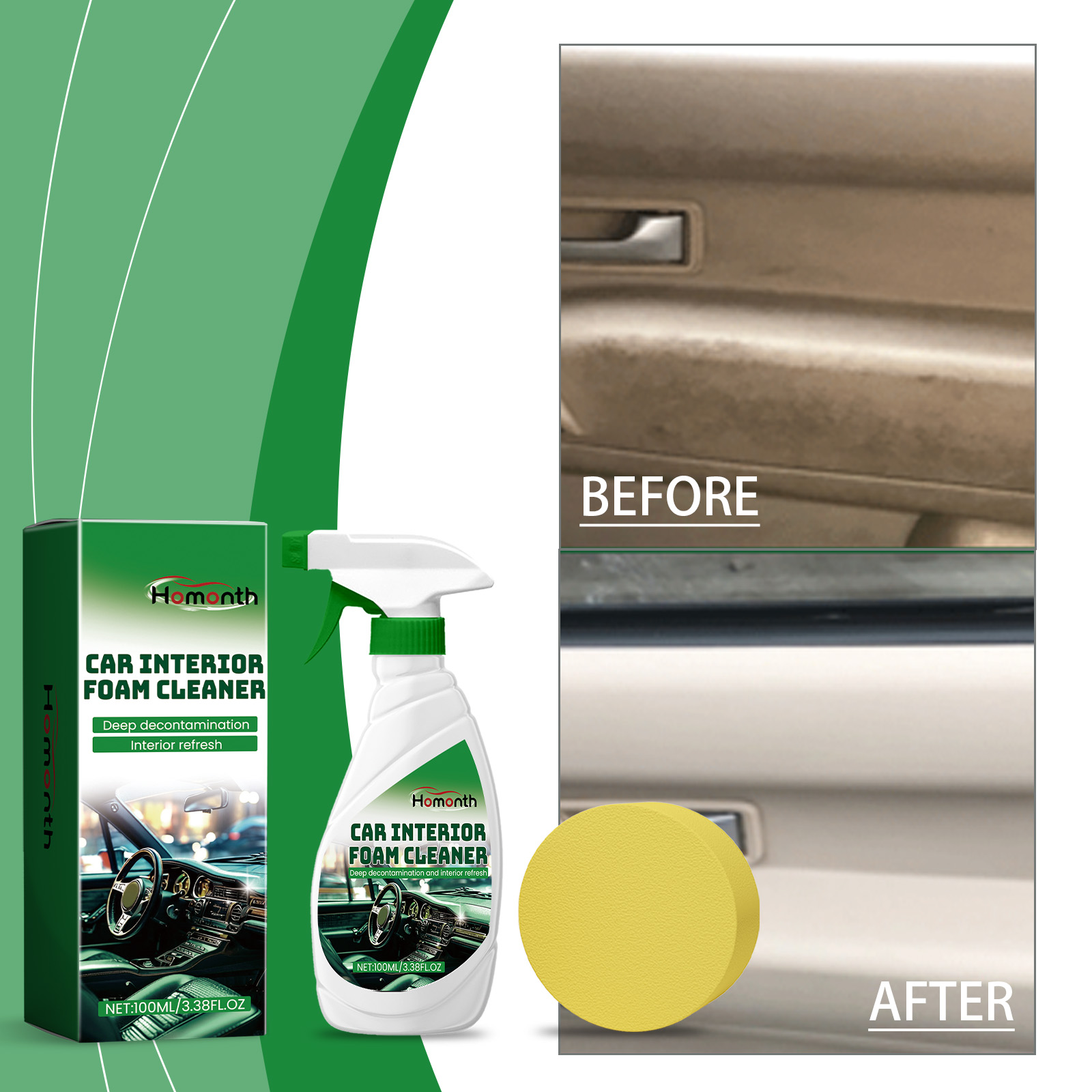 Before and after car interior panel cleaning