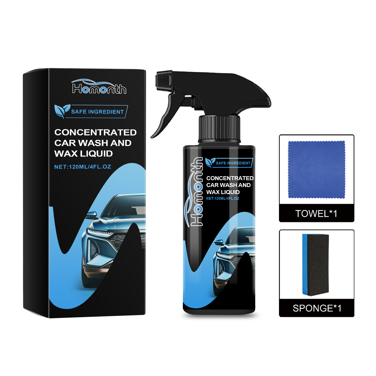Car wash spray bottle with towel and sponge