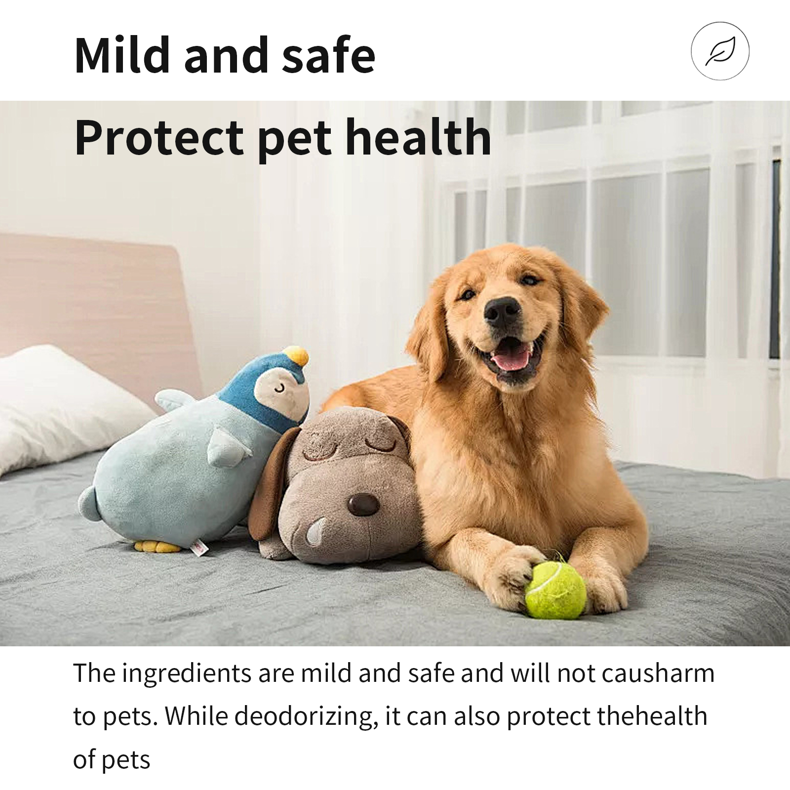 Dog resting beside mild pet deodorizer messaging