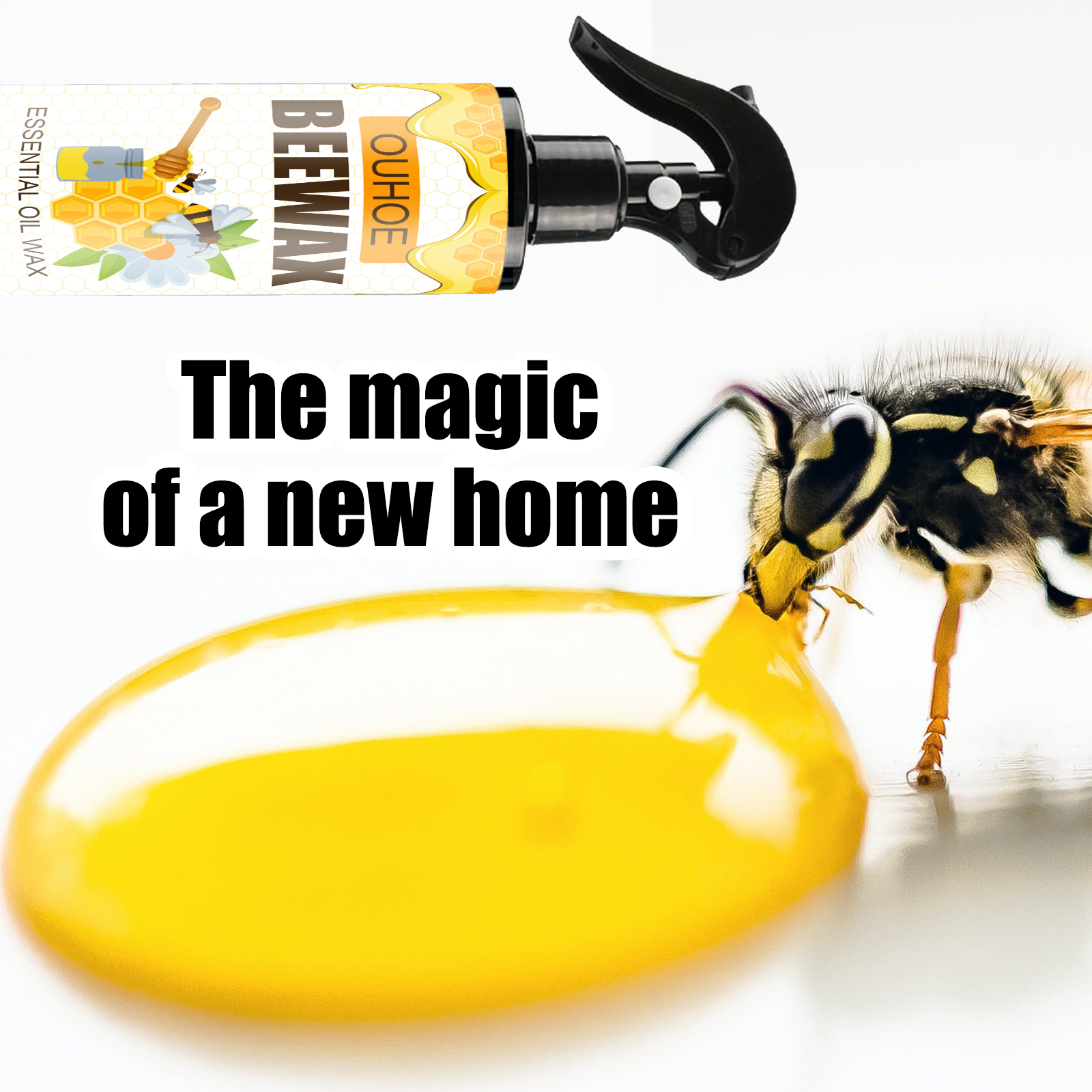 Golden beeswax concept beside OUHOE furniture care spray