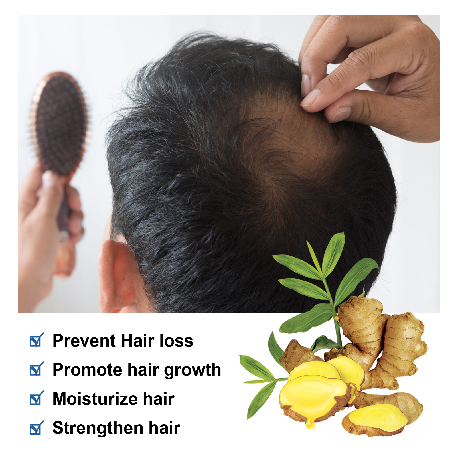 Ginger imagery beside conditioner hair-care claims
