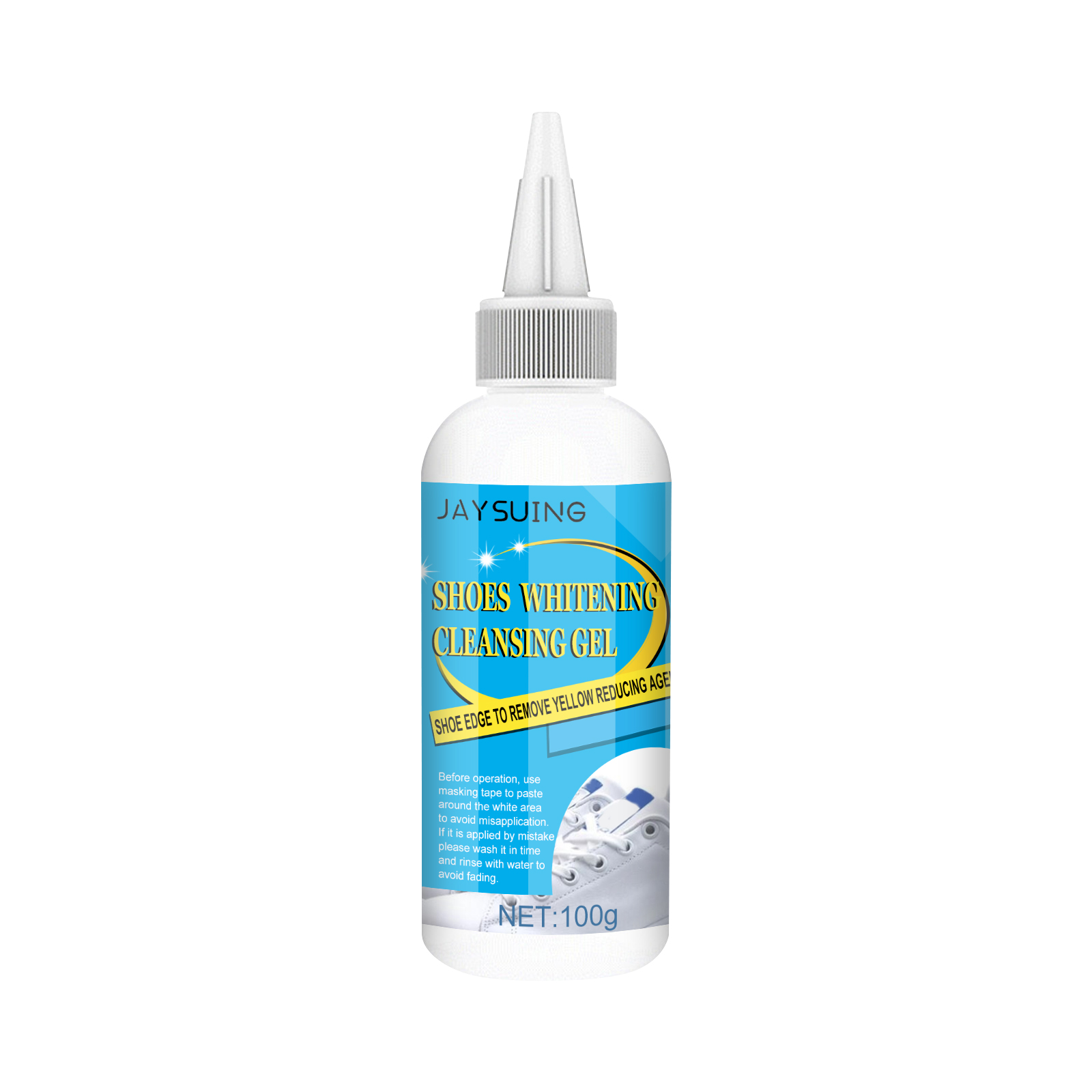 Pointed nozzle on white shoe whitening gel bottle
