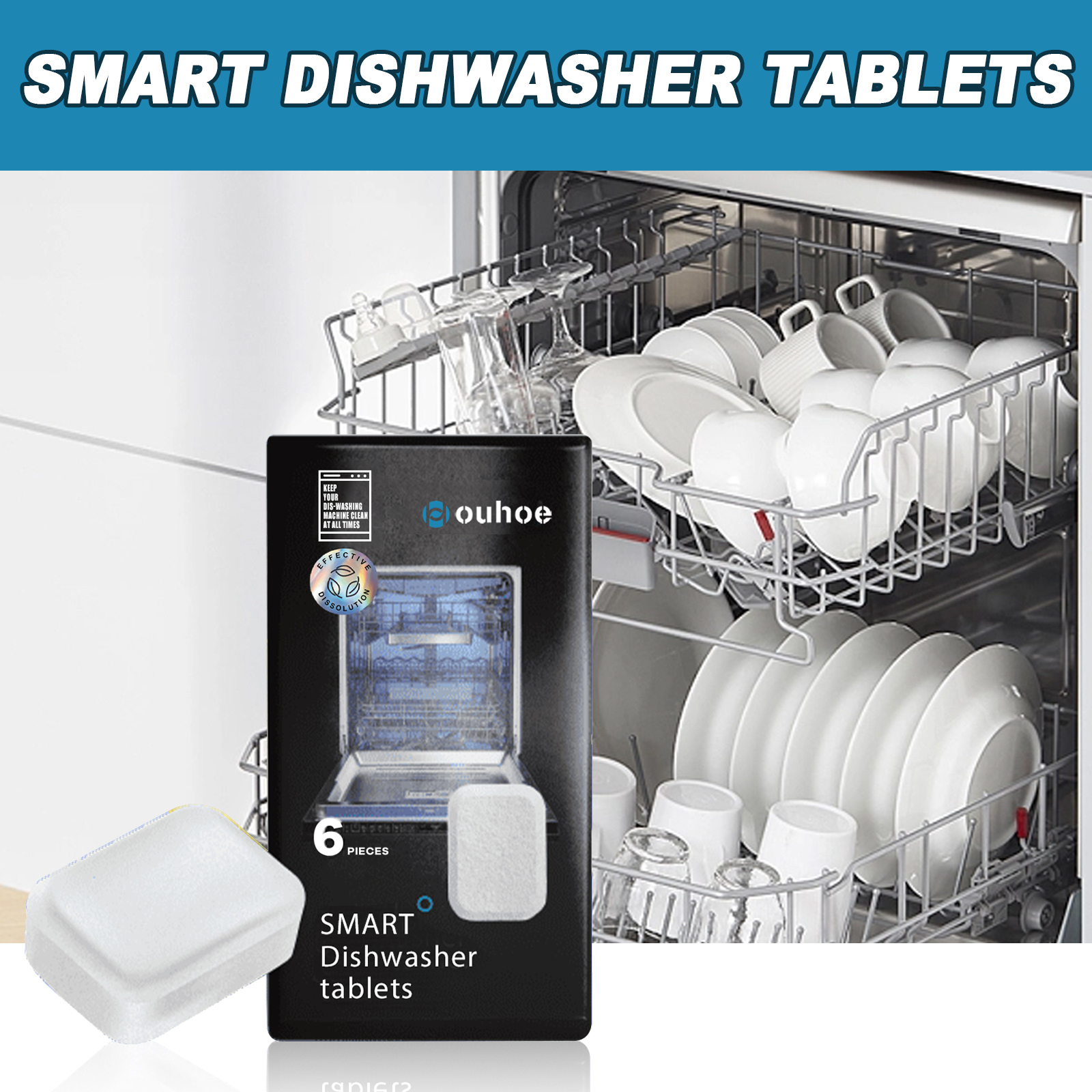 Clean glassware and dishes in a loaded dishwasher with product box and tablet