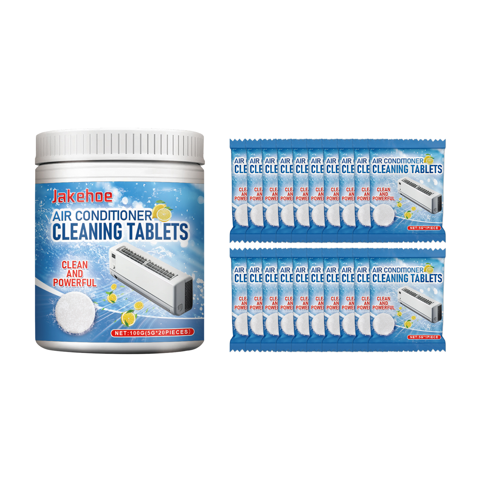 Air conditioner cleaning tablets stored in screw-top jar