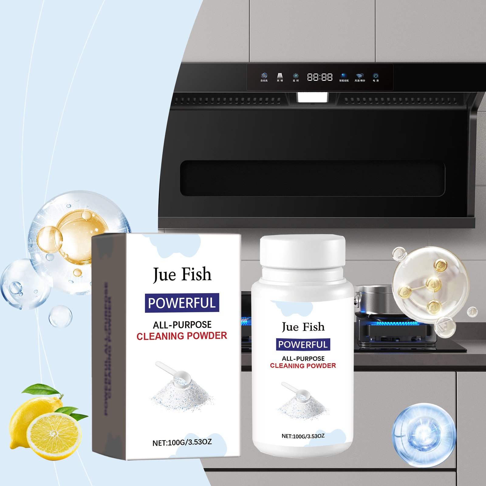 Kitchen cleaning powder staged beside cooktop